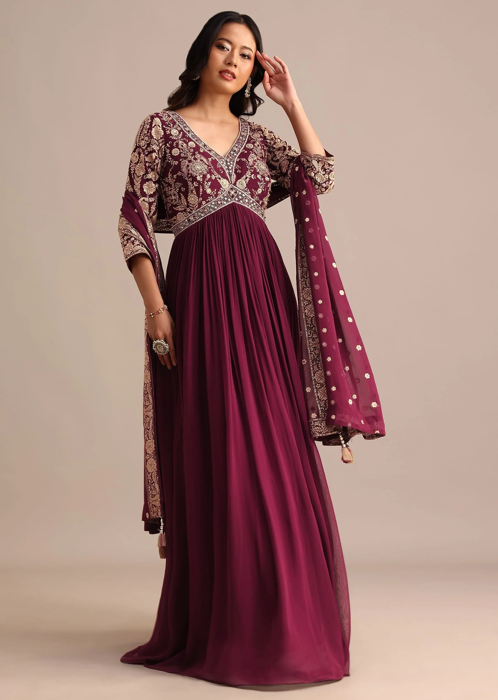 Wine Embroidered Georgette Anarkali Suit - Image 3