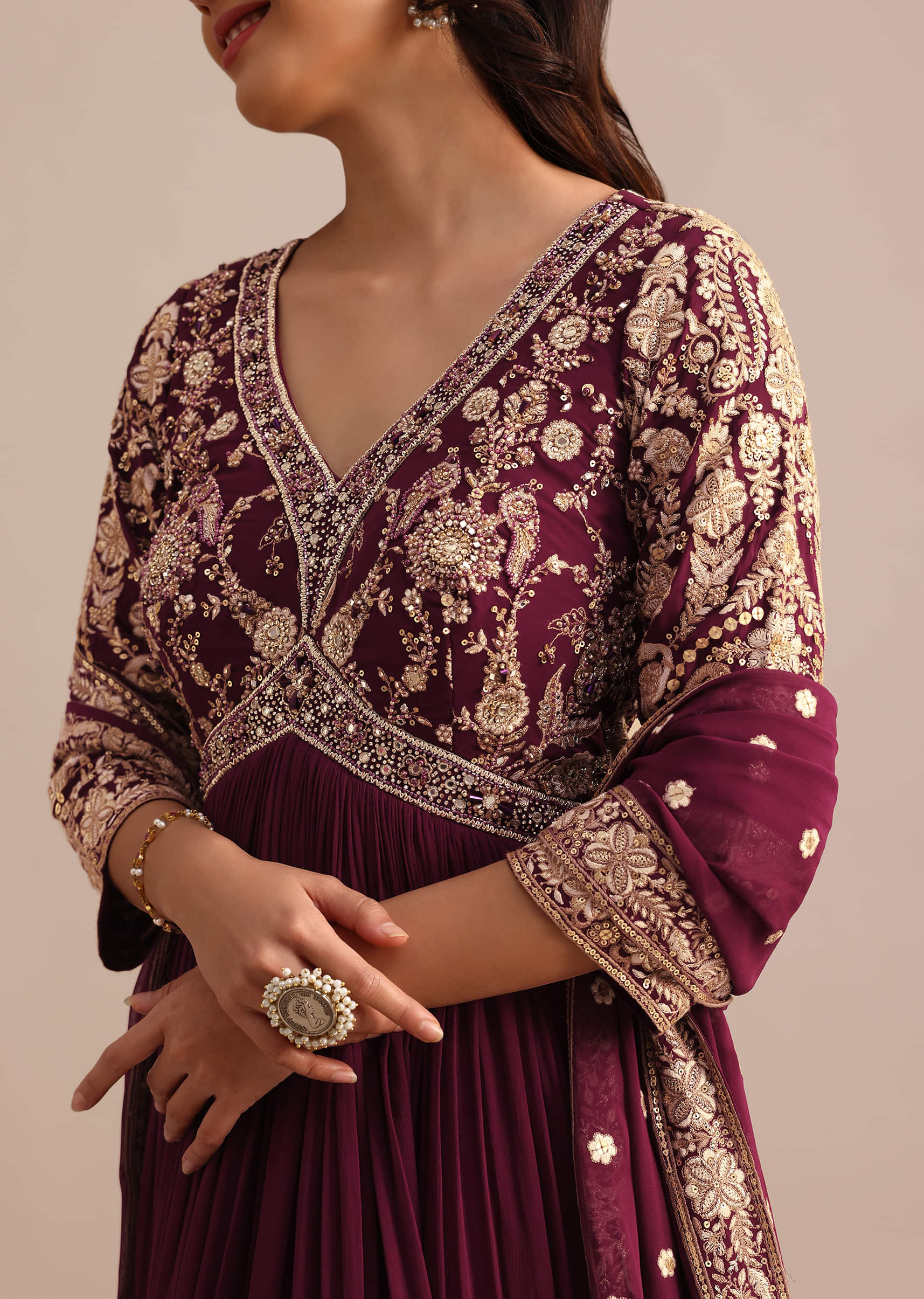 Wine Embroidered Georgette Anarkali Suit - Image 6
