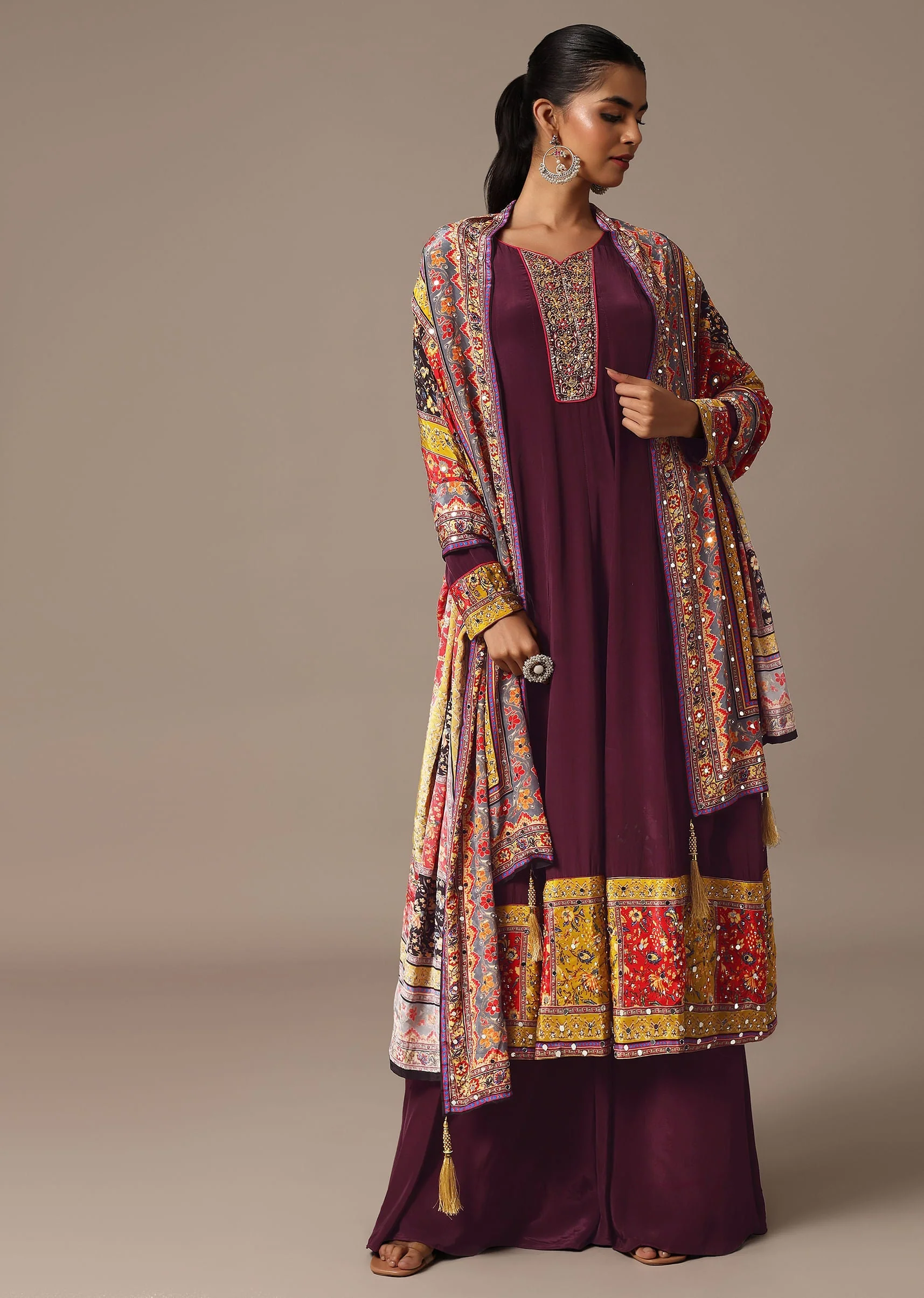Wine Embroidered Kurta Palazzo Set With Mirror Work Dupatta - Image 3
