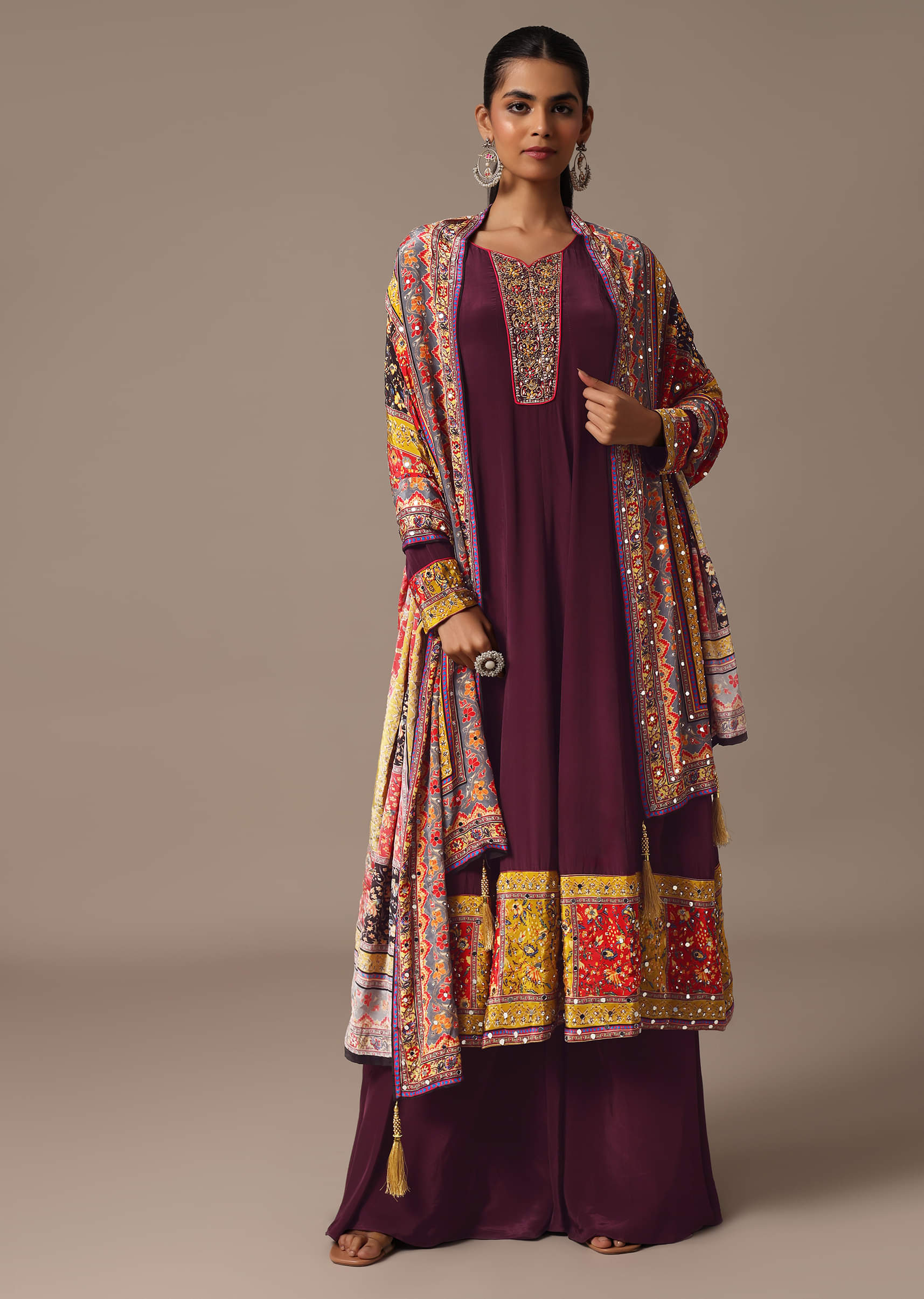Wine Embroidered Kurta Palazzo Set With Mirror Work Dupatta - Image 7