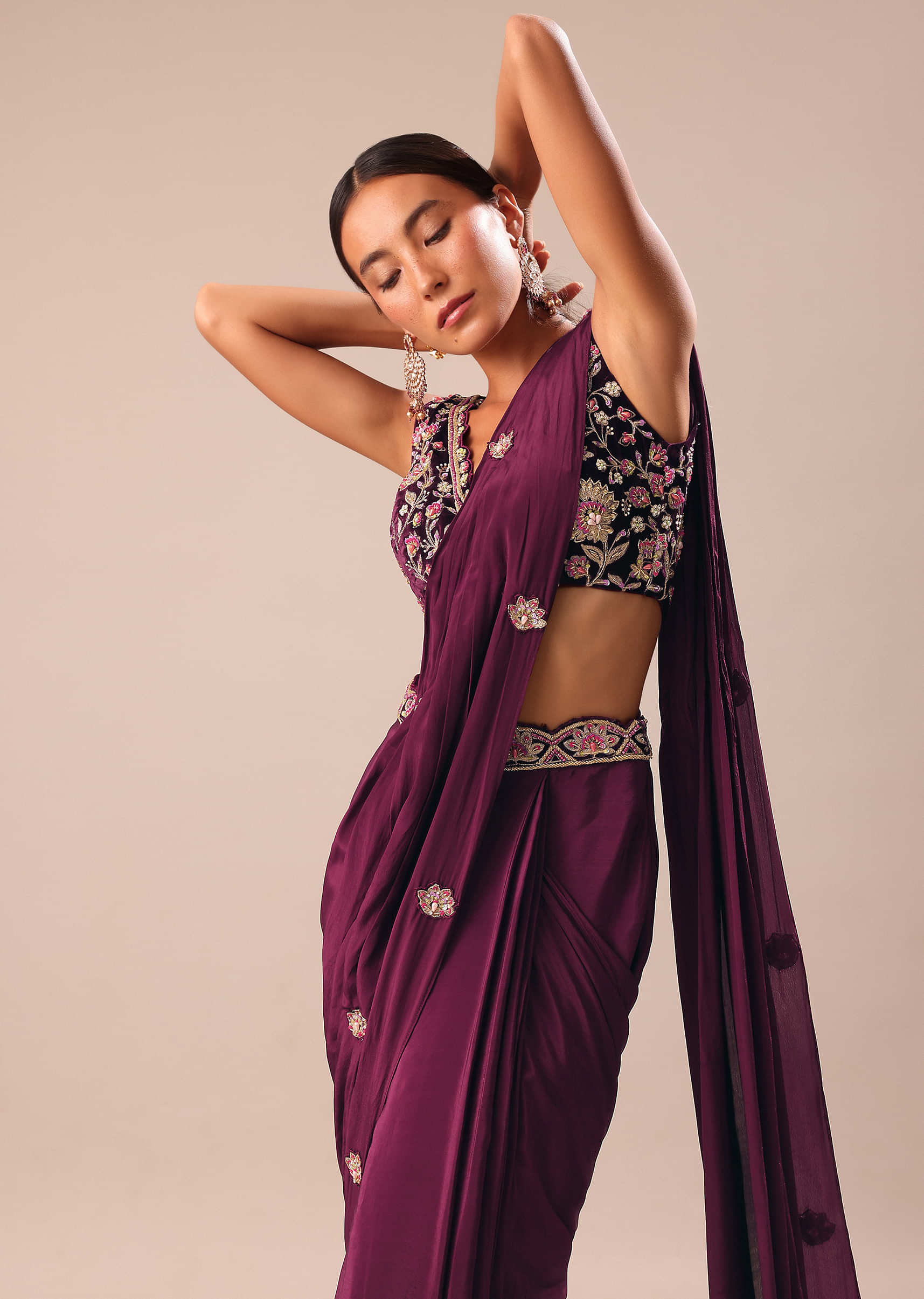 Wine Embroidered Pre Stitched Saree With Blouse - Image 5