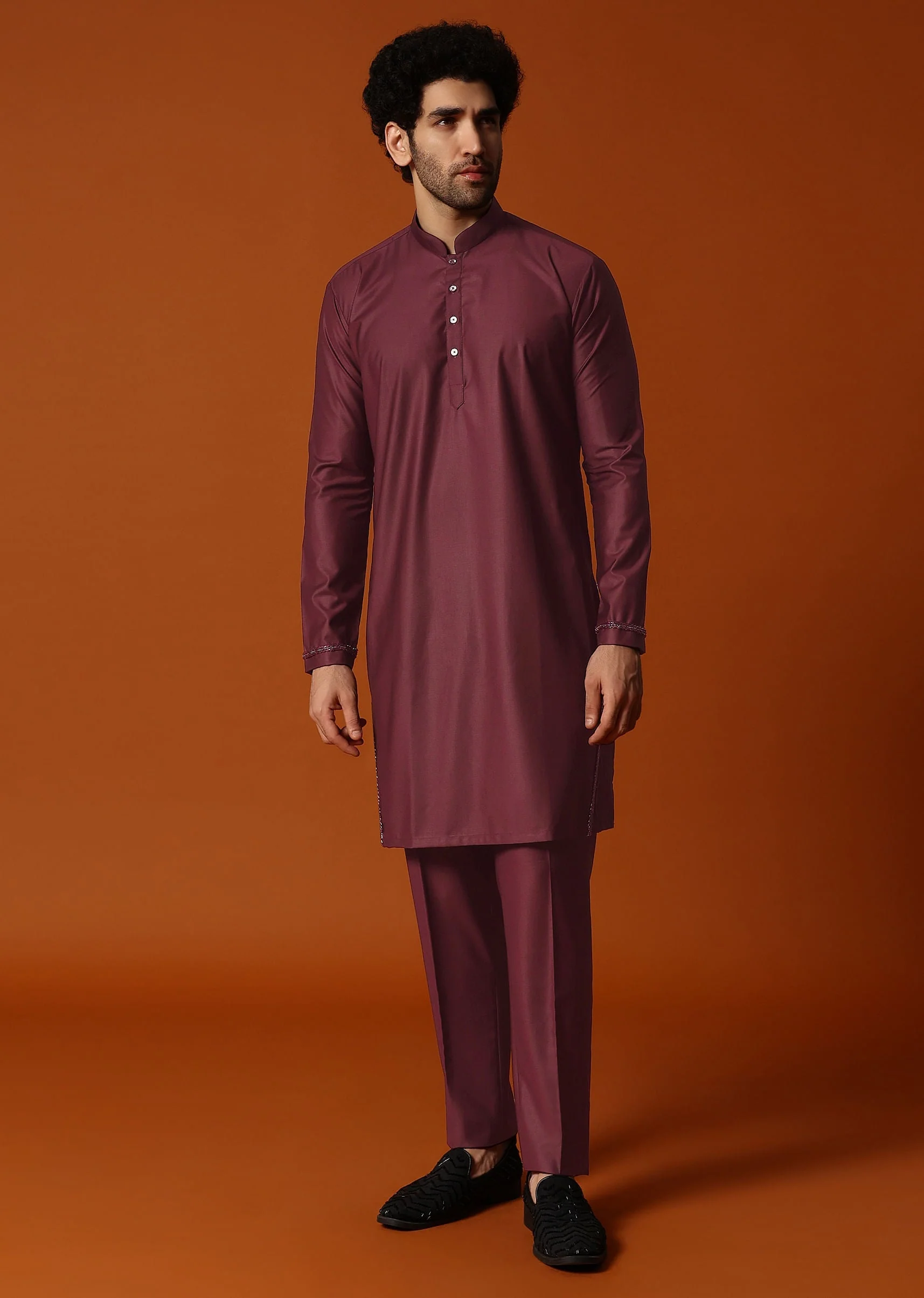 Wine Embroidered Rayon Kurta Jacket Set For Men - Image 6