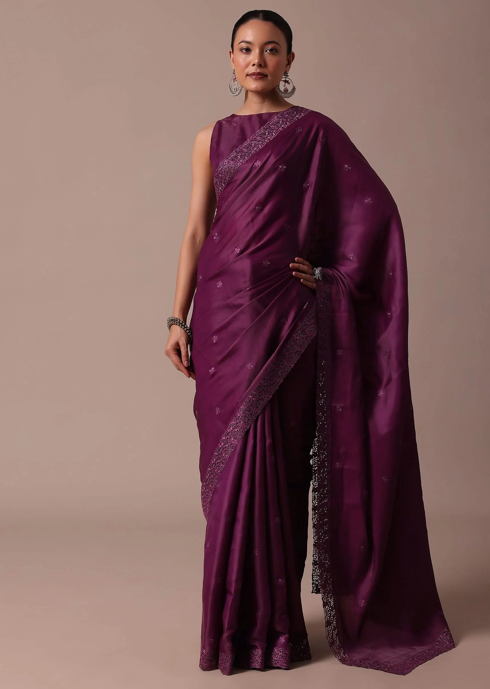Wine Embroidered Tussar Saree With Unstitched Blouse