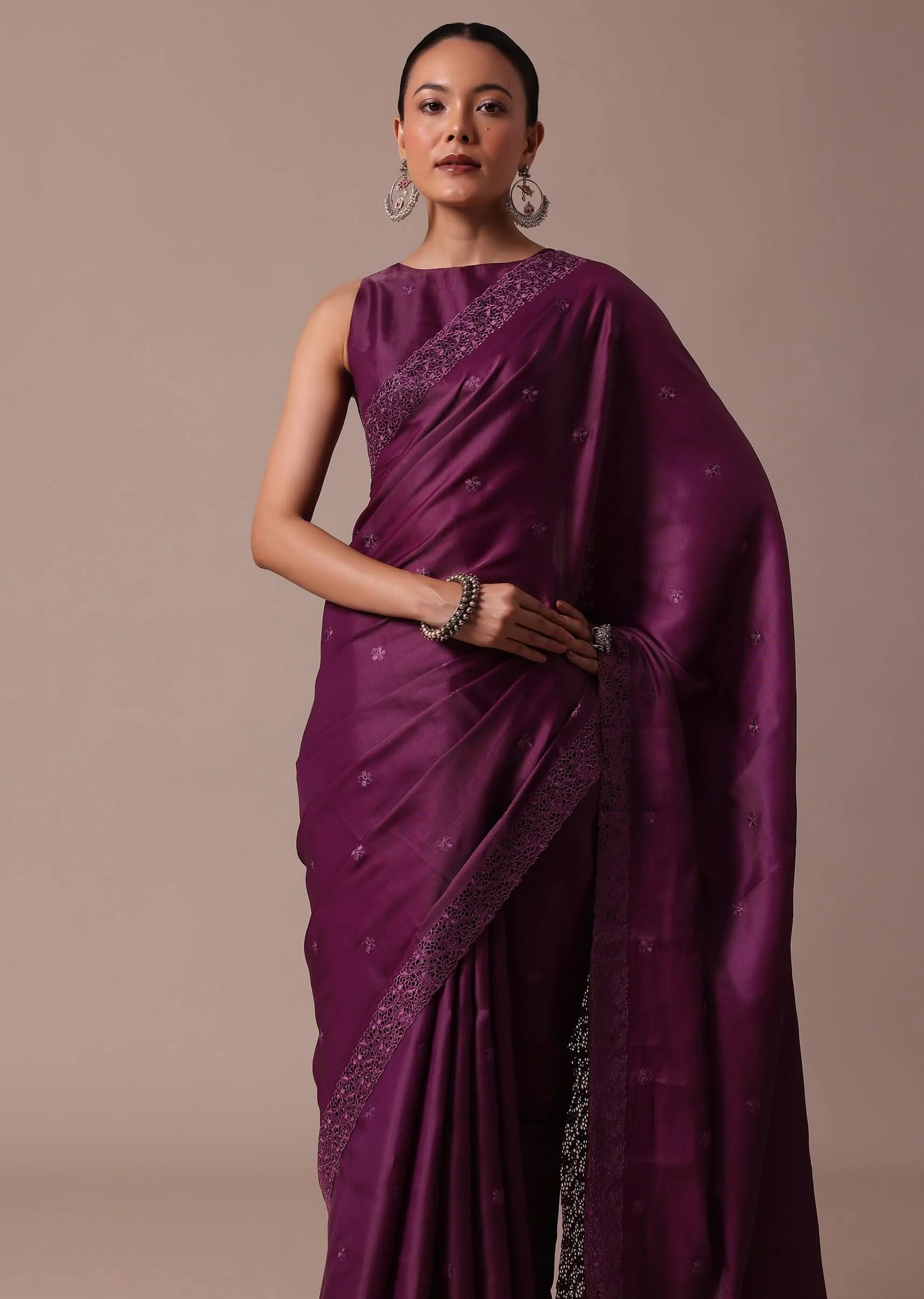 Wine Embroidered Tussar Saree With Unstitched Blouse - Image 2