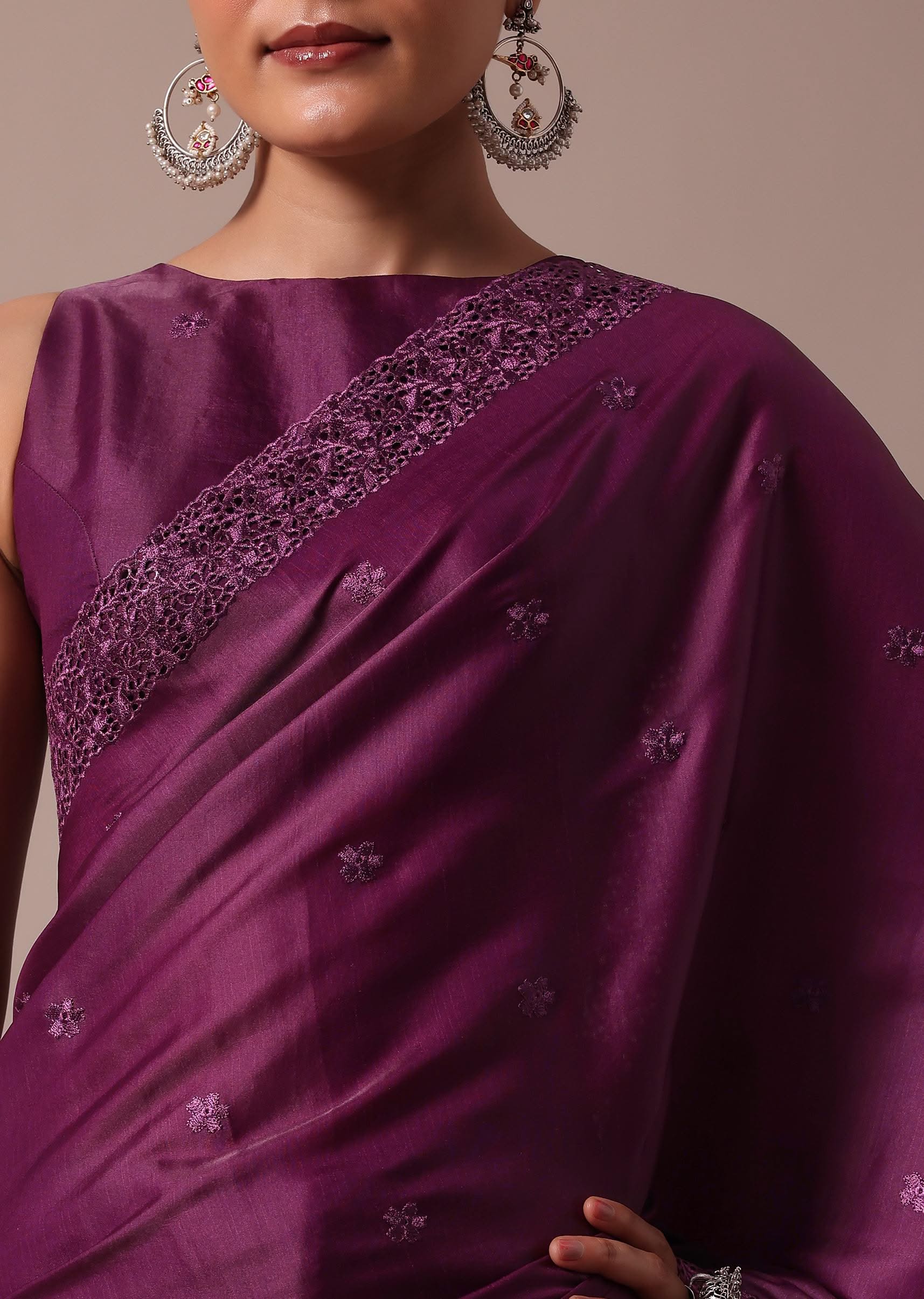 Wine Embroidered Tussar Saree With Unstitched Blouse - Image 5