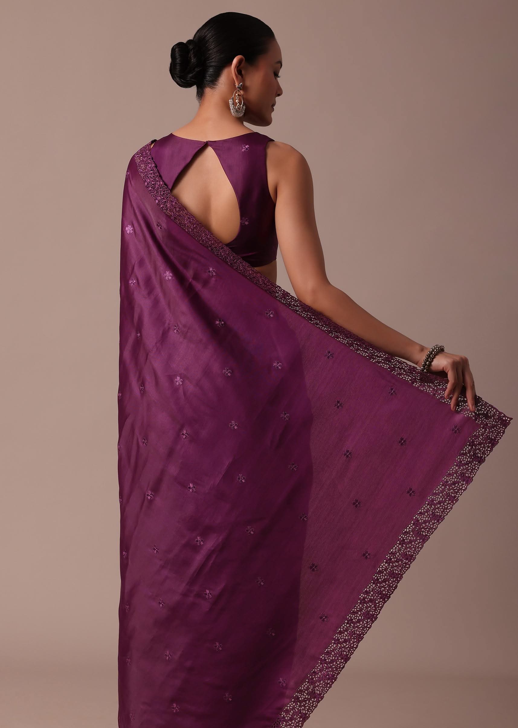 Wine Embroidered Tussar Saree With Unstitched Blouse - Image 6
