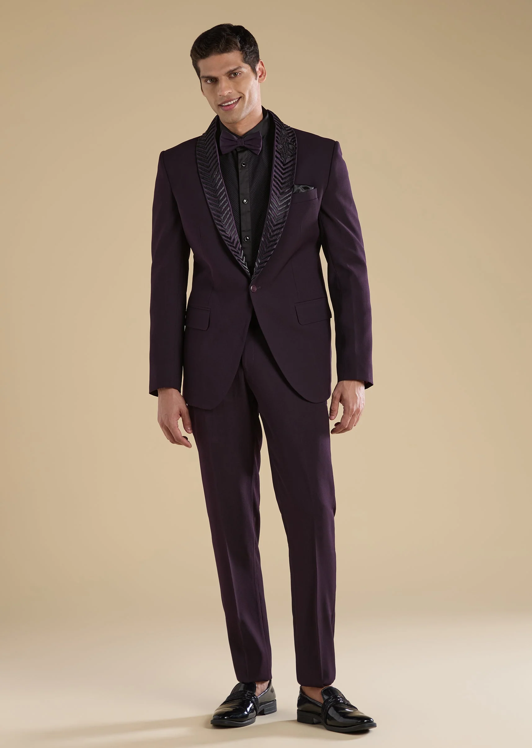 Wine Embroidered Tuxedo Set With Bow Shirt And Trousers - Image 3