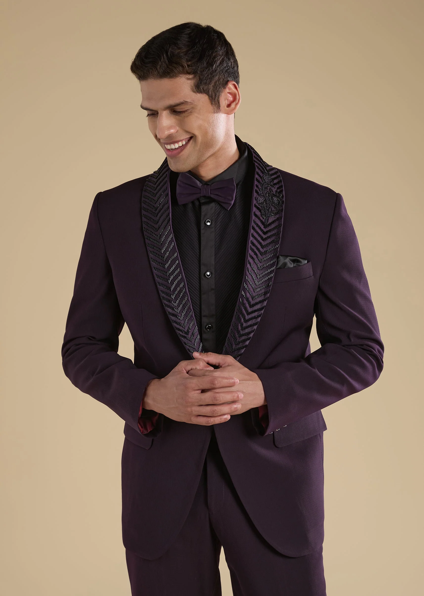 Wine Embroidered Tuxedo Set With Bow Shirt And Trousers - Image 4