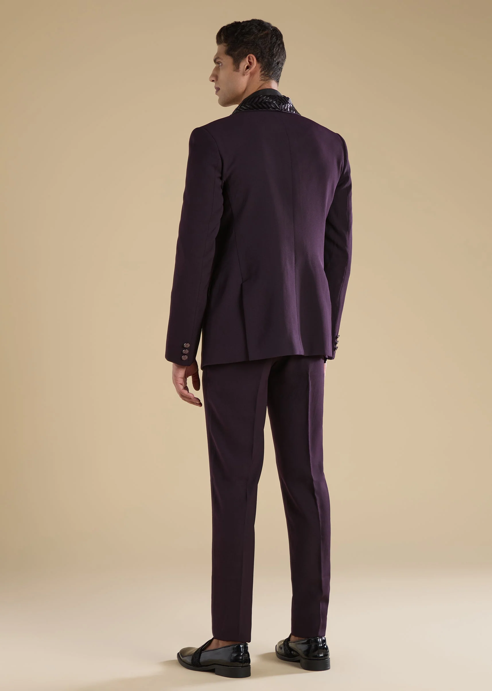 Wine Embroidered Tuxedo Set With Bow Shirt And Trousers - Image 5