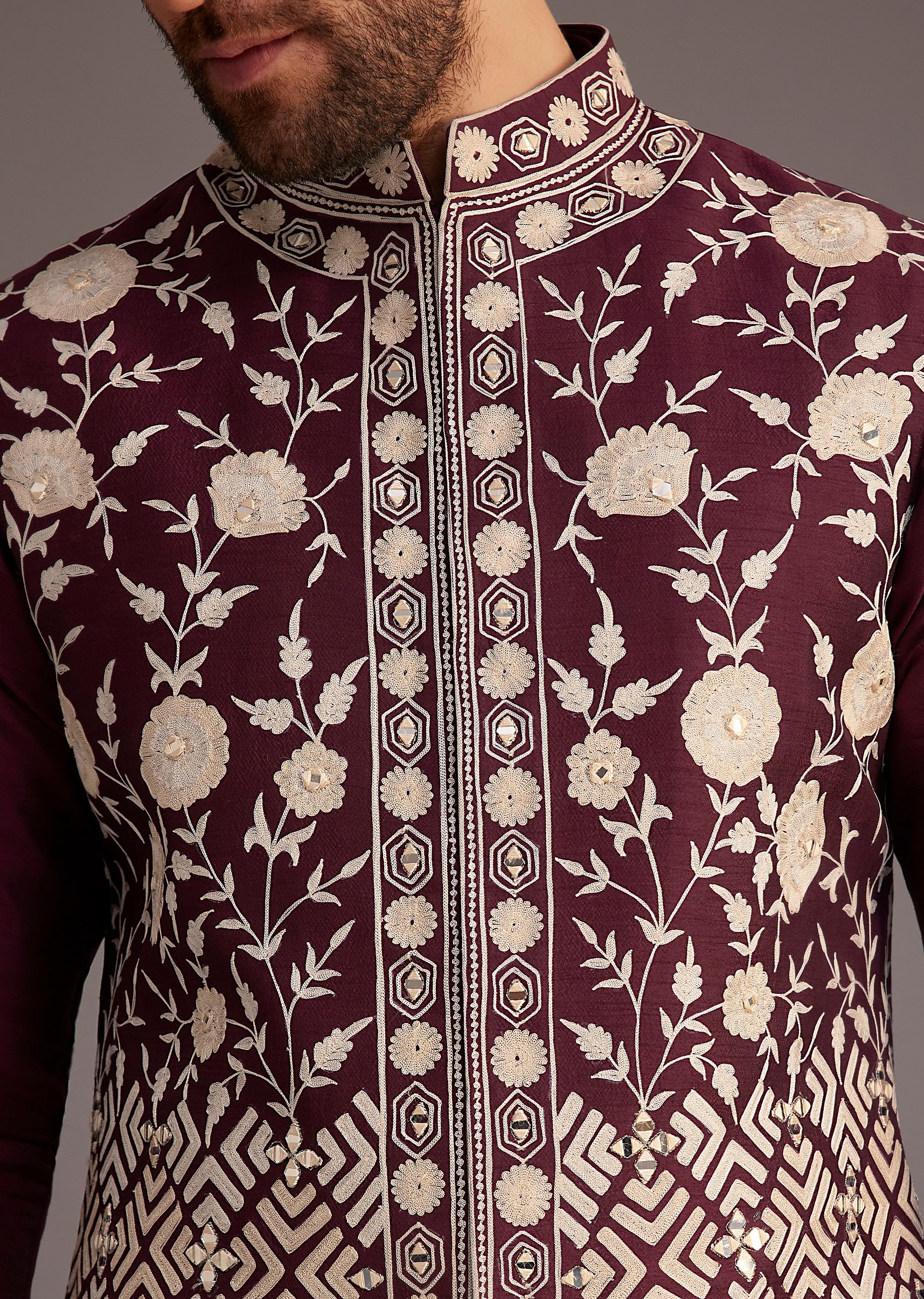 Wine Floral Embroidered Jacket Kurta Set - Image 2