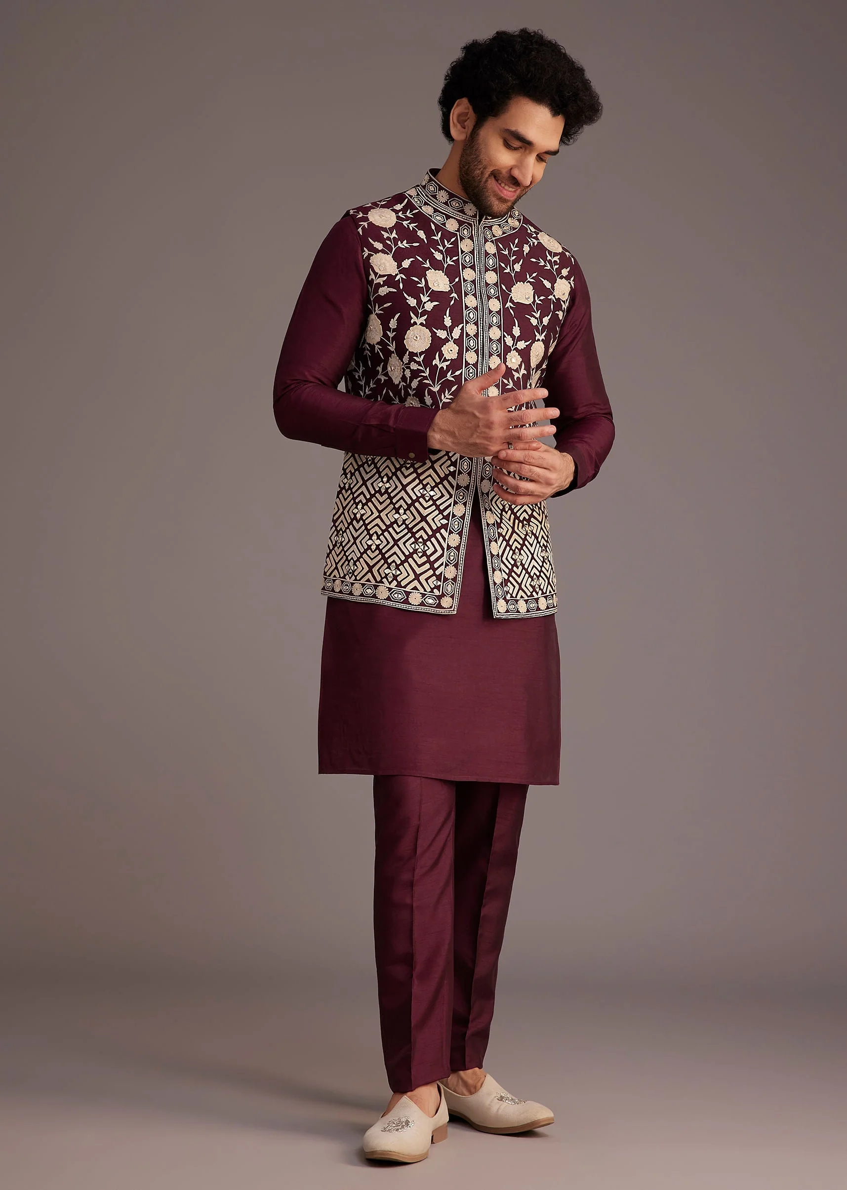 Wine Floral Embroidered Jacket Kurta Set - Image 3