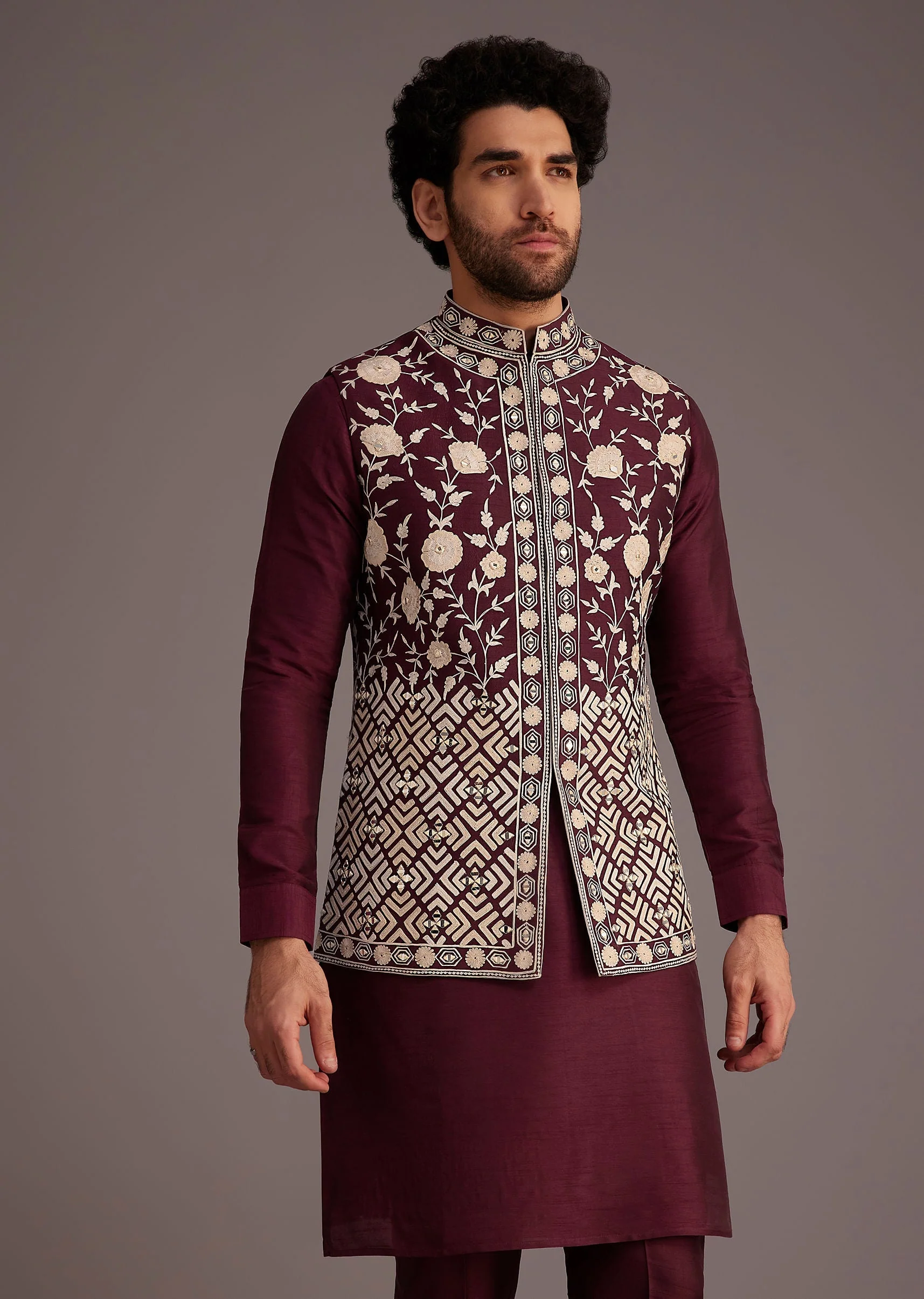 Wine Floral Embroidered Jacket Kurta Set - Image 4
