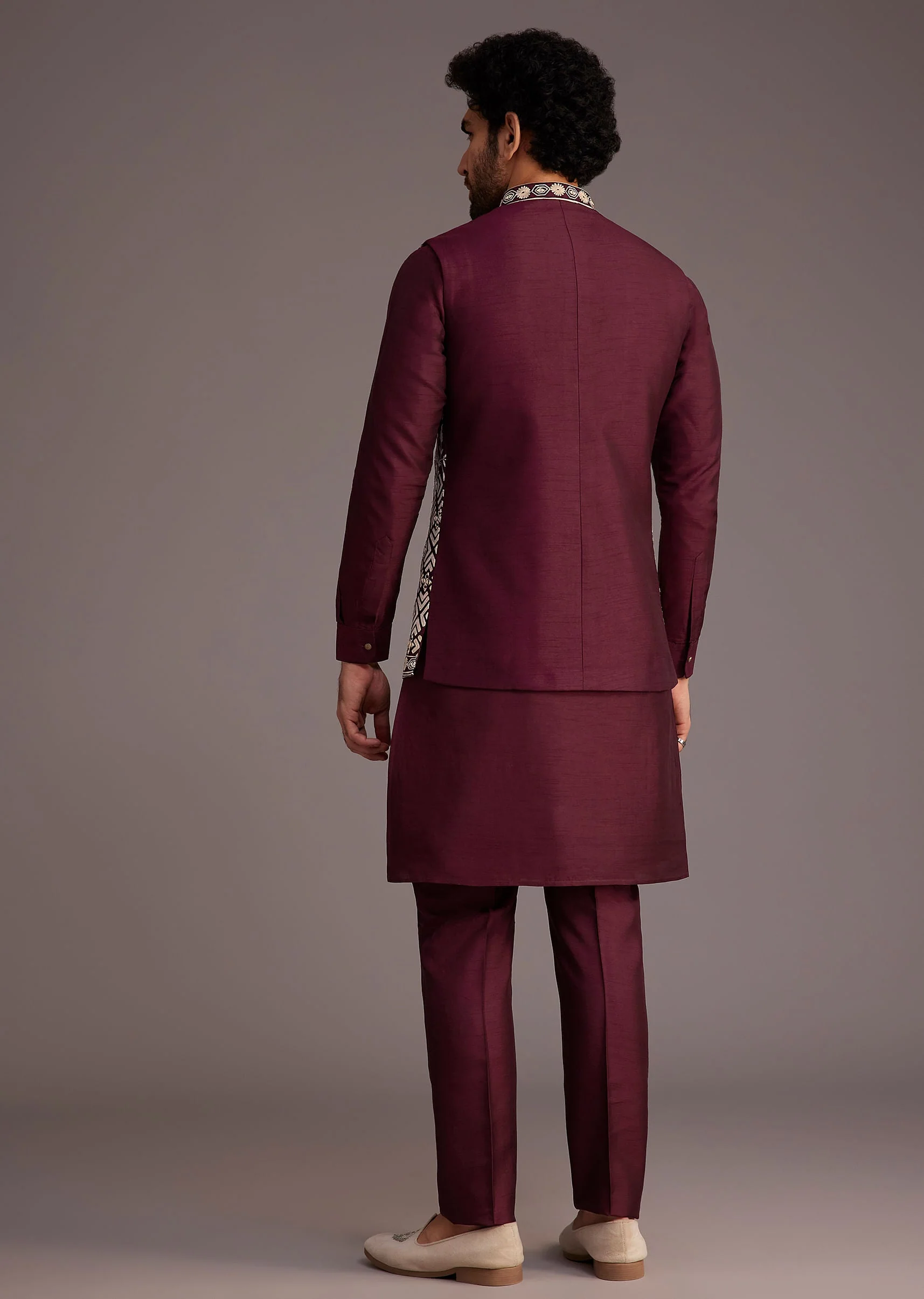 Wine Floral Embroidered Jacket Kurta Set - Image 5