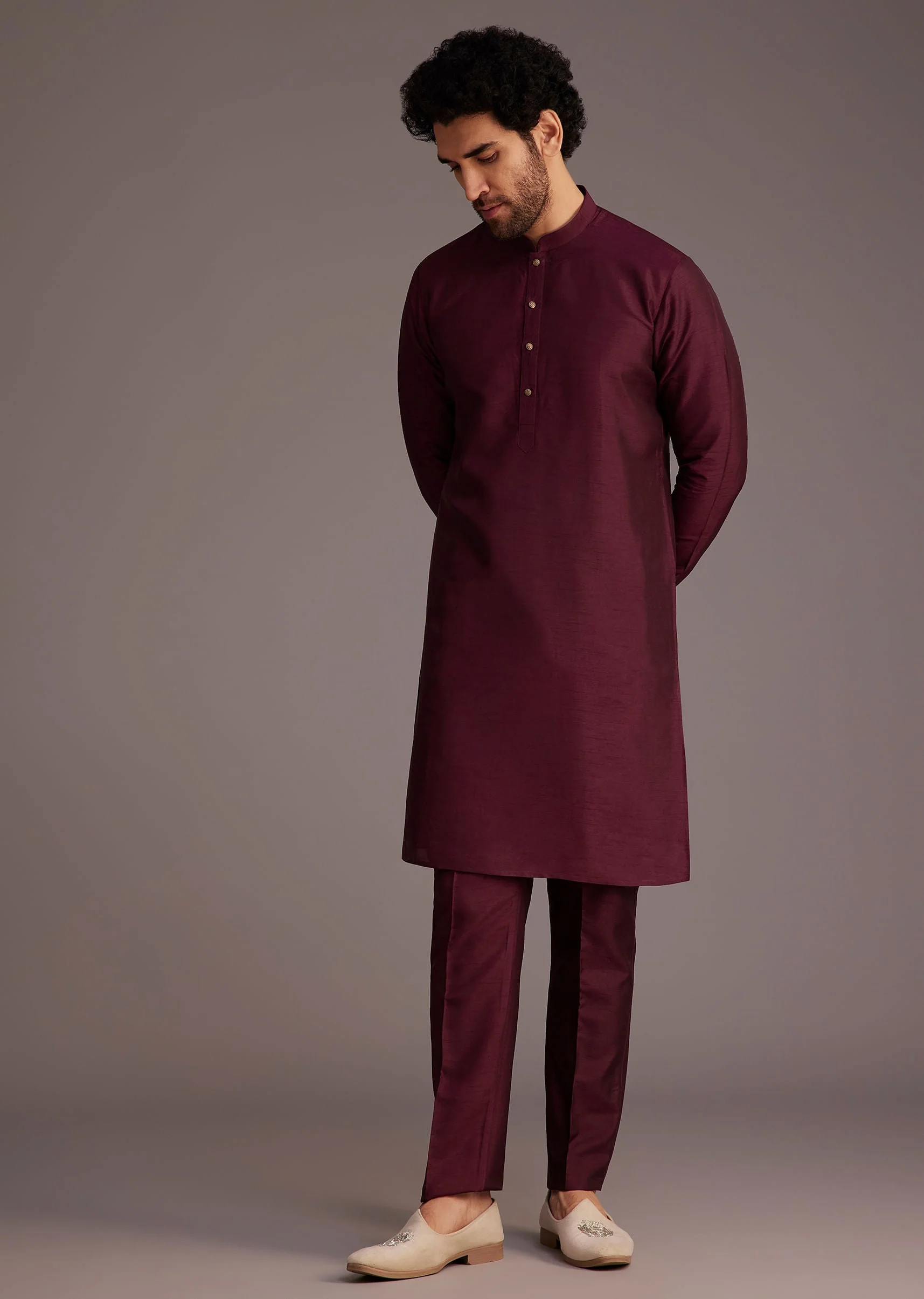 Wine Floral Embroidered Jacket Kurta Set - Image 6