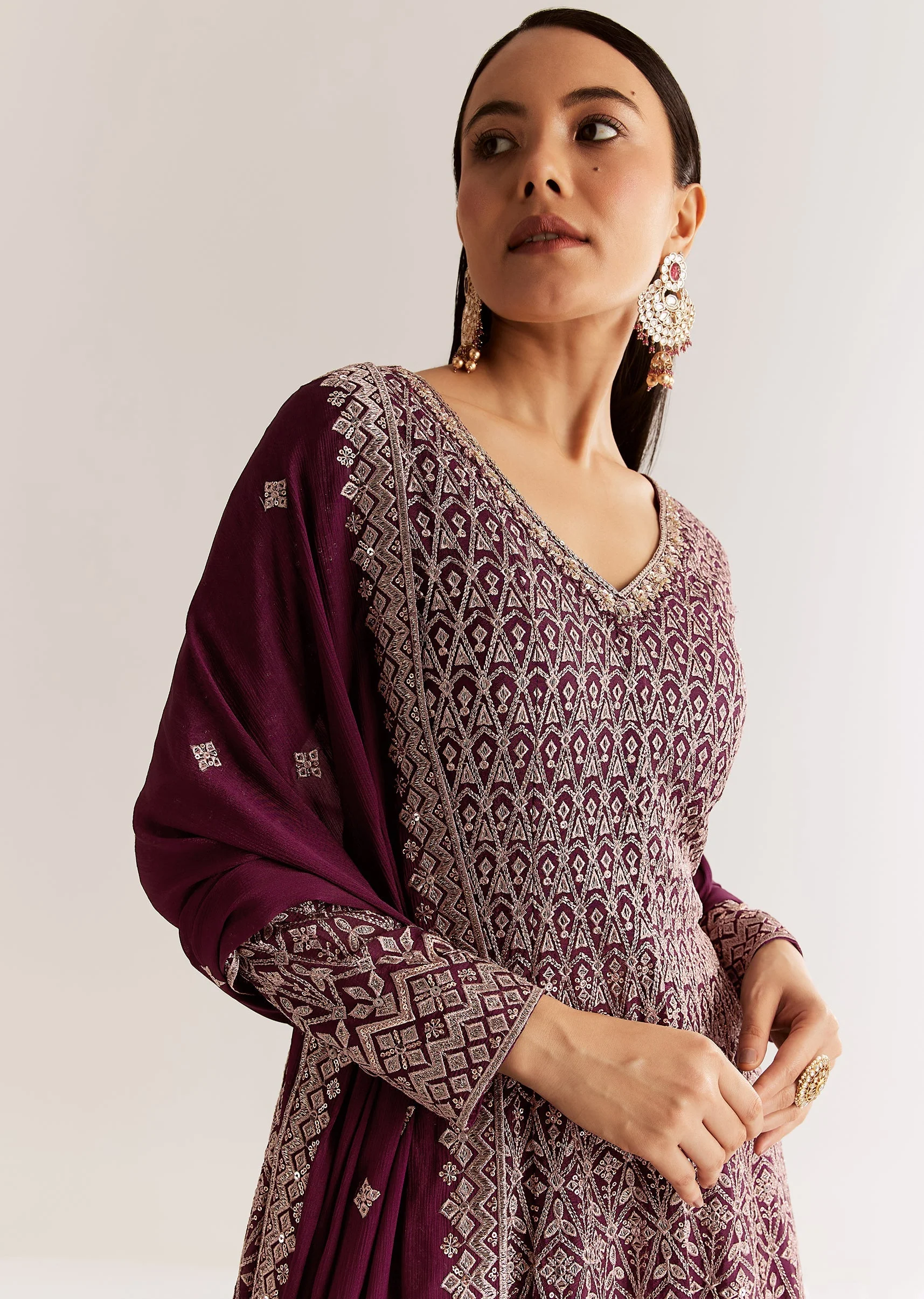 Wine Georgette Kurta Set With Zari And Resham Work - Image 3