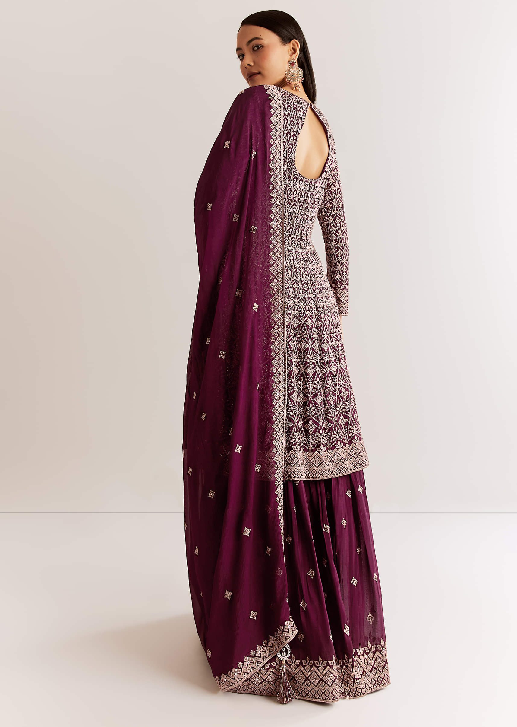 Wine Georgette Kurta Set With Zari And Resham Work - Image 5