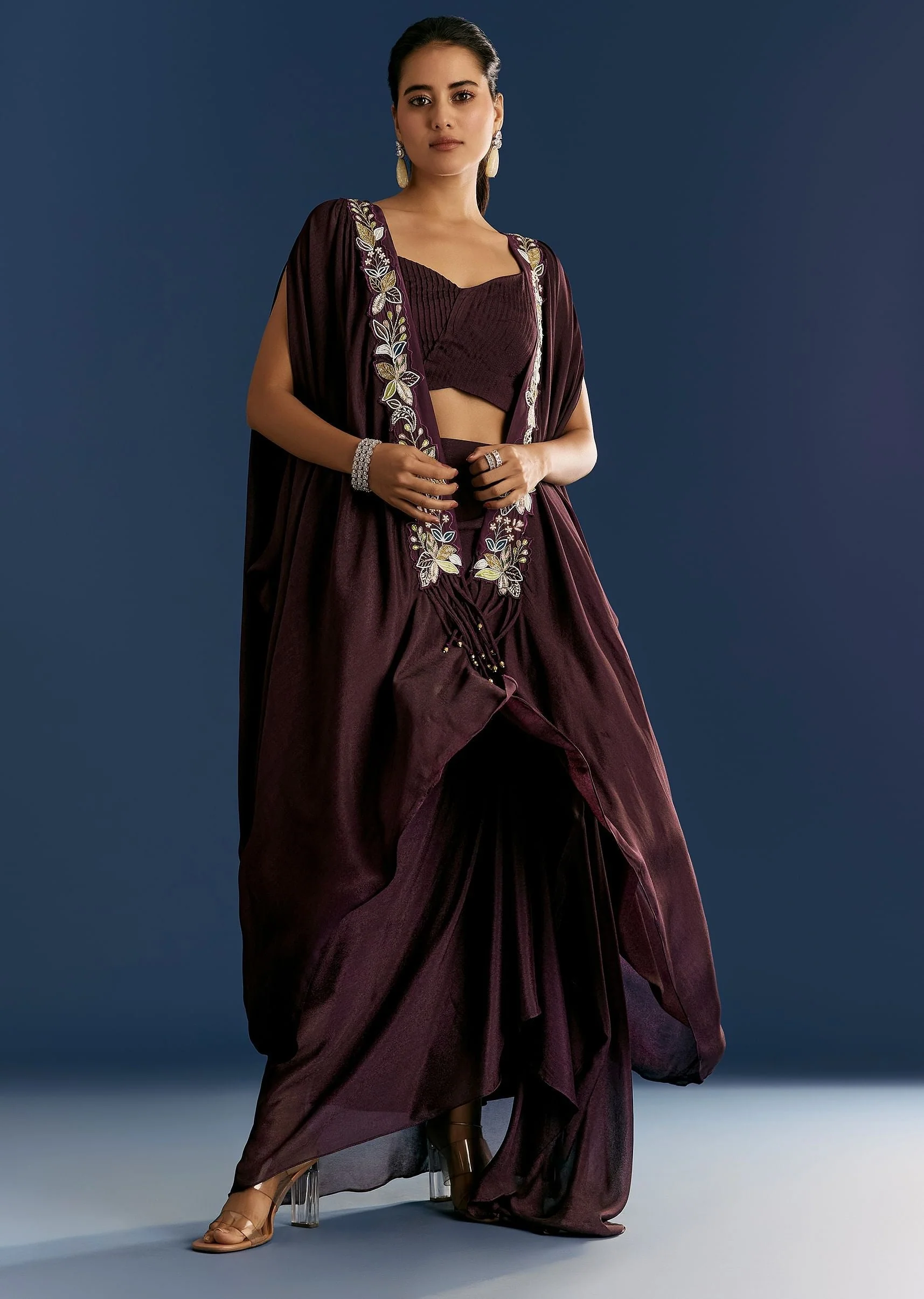 Wine Georgette Pintuck Croptop And Fancy Skirt With Embroidered Cape