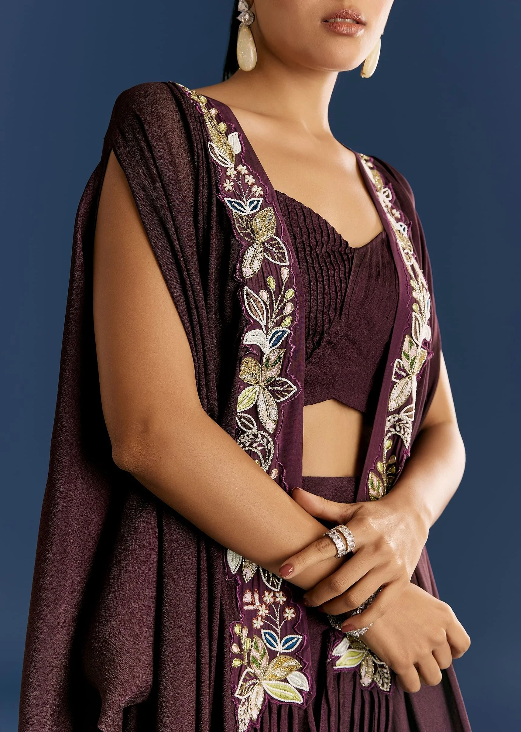 Wine Georgette Pintuck Croptop And Fancy Skirt With Embroidered Cape - Image 2