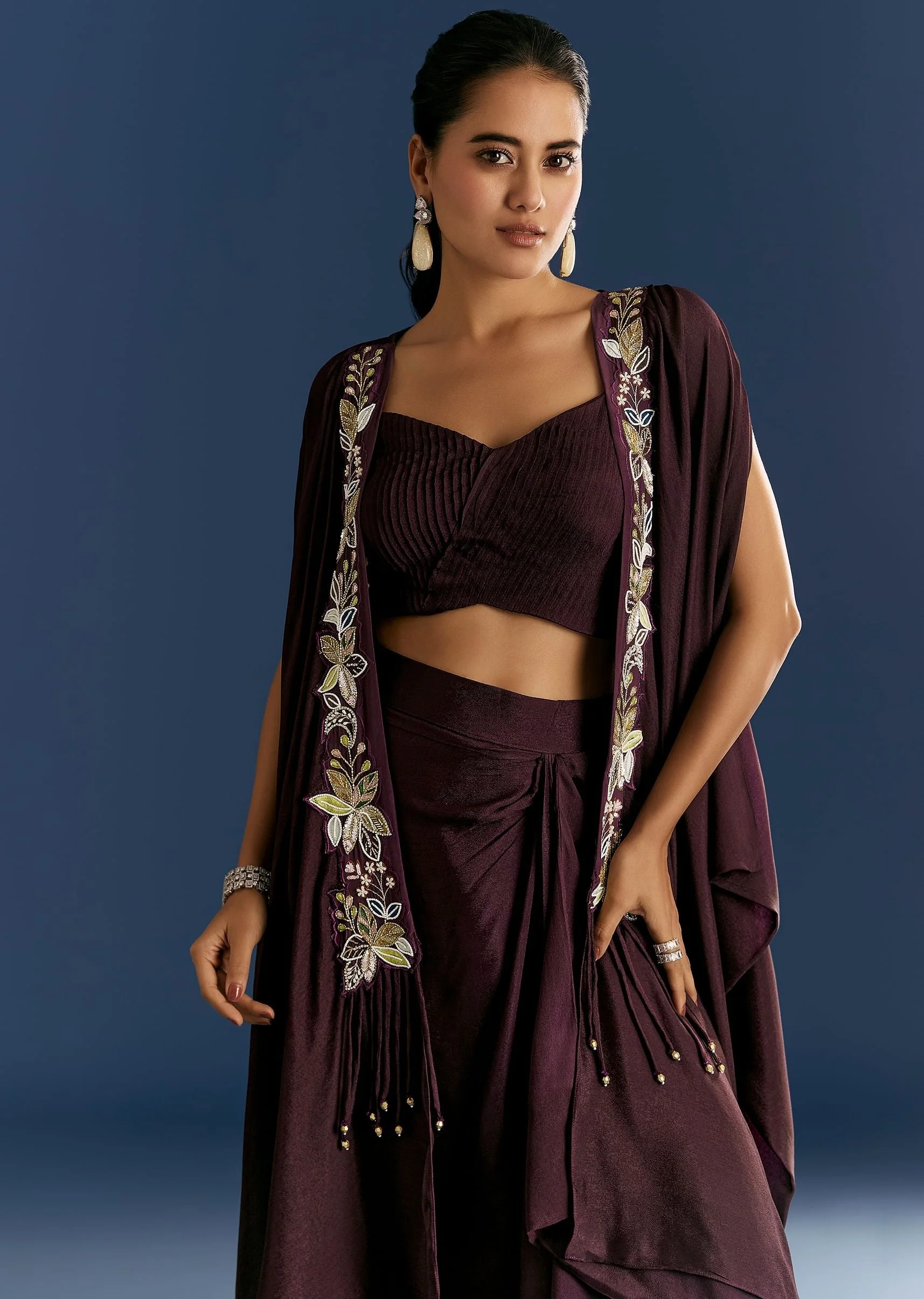 Wine Georgette Pintuck Croptop And Fancy Skirt With Embroidered Cape - Image 4