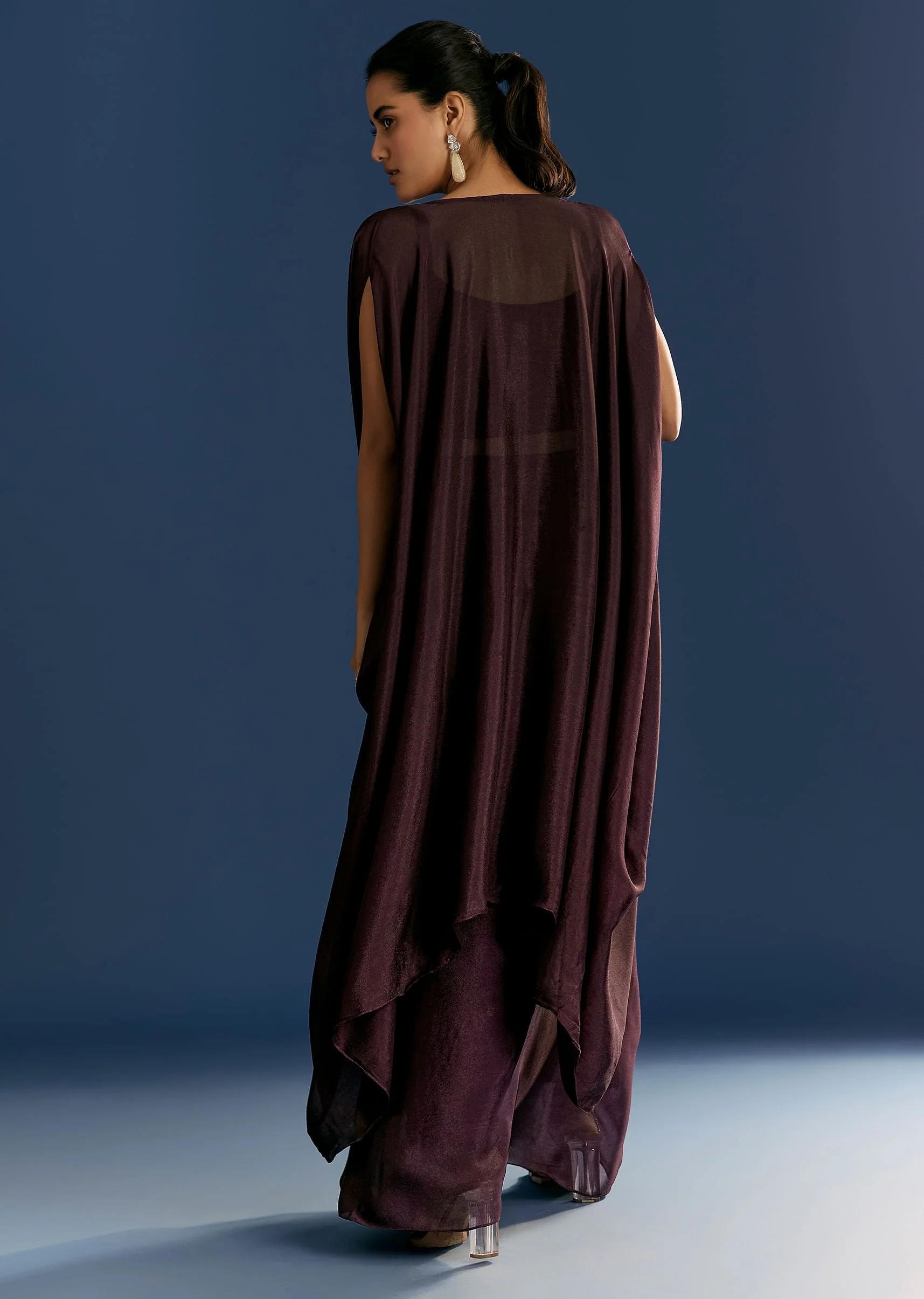 Wine Georgette Pintuck Croptop And Fancy Skirt With Embroidered Cape - Image 5