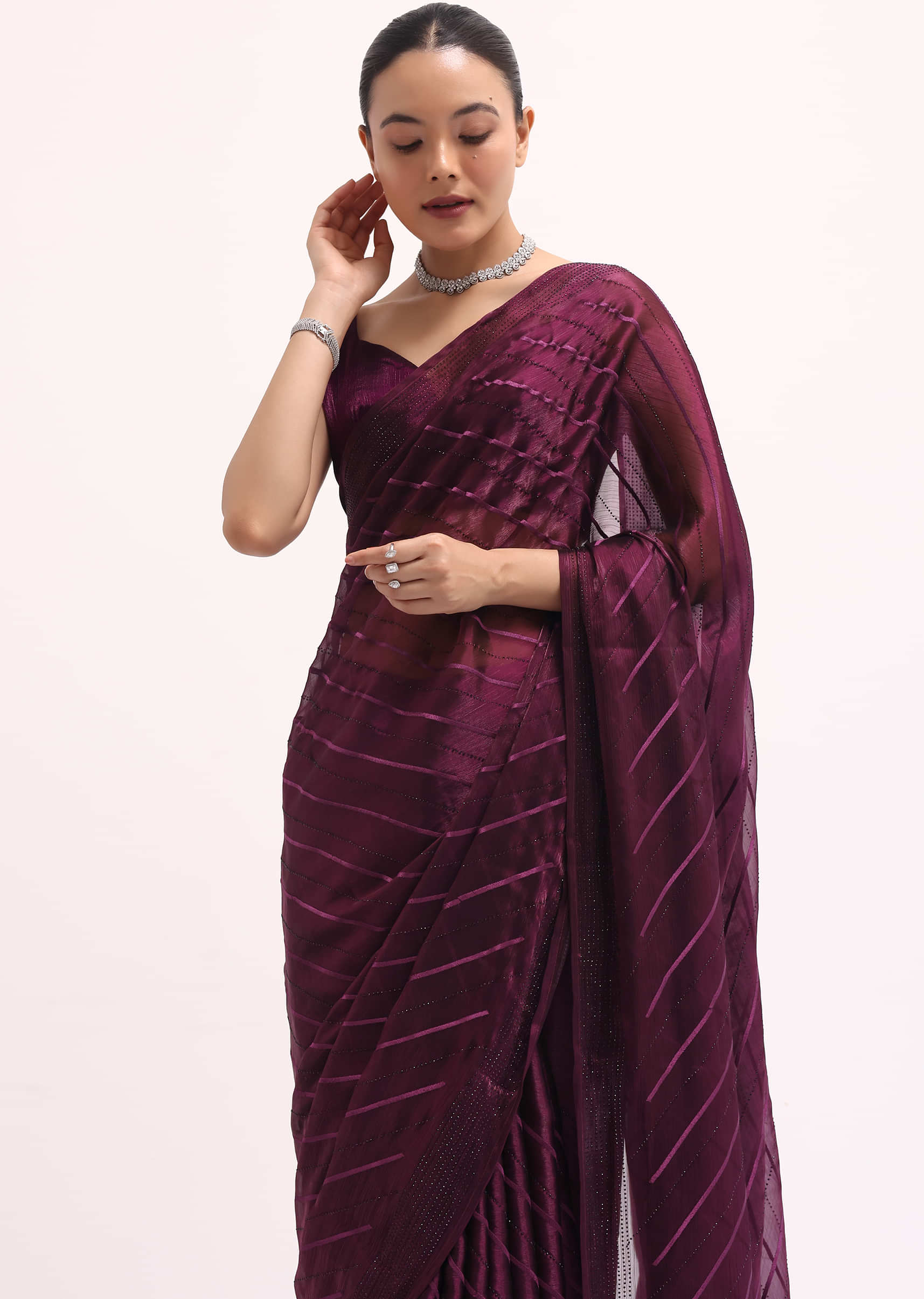 Wine Glass Tissue Saree In Swarovski With Unstitched Blouse - Image 2