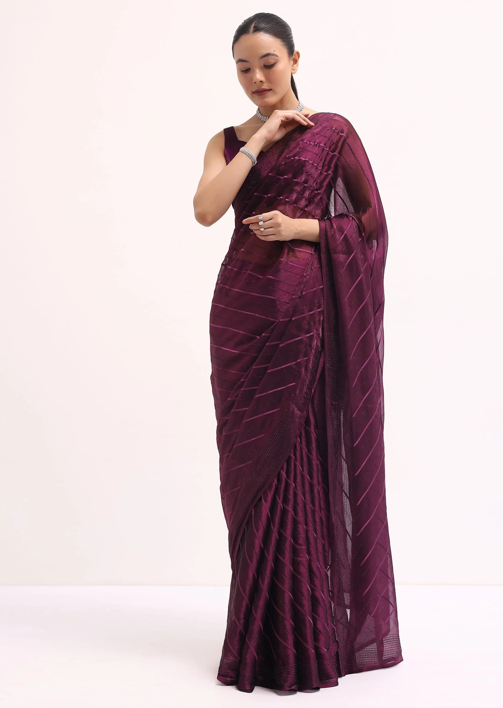 Wine Glass Tissue Saree In Swarovski With Unstitched Blouse - Image 3