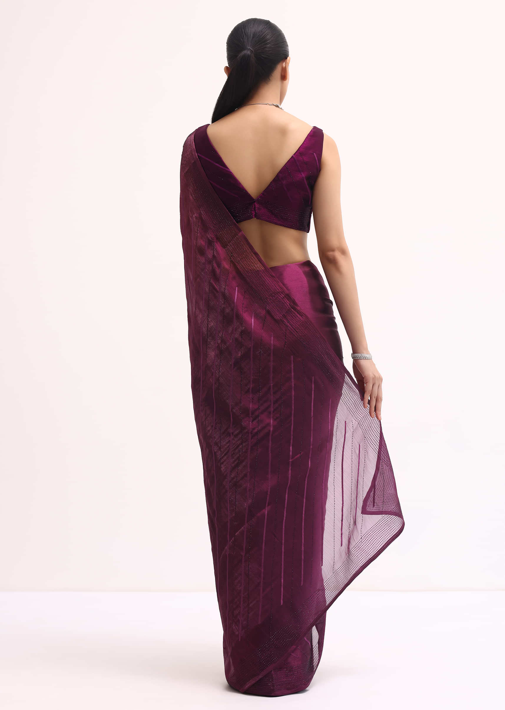 Wine Glass Tissue Saree In Swarovski With Unstitched Blouse - Image 4