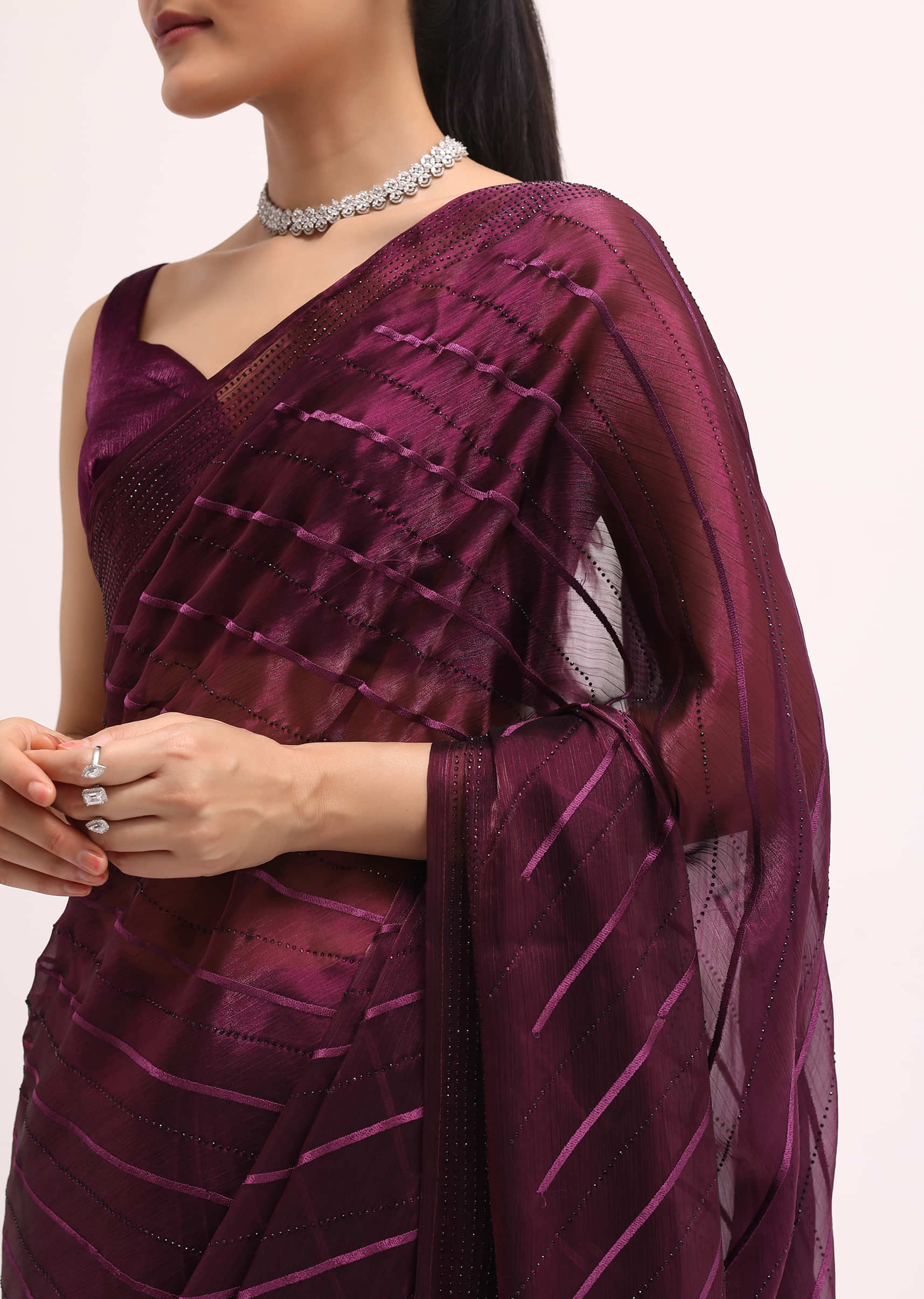 Wine Glass Tissue Saree In Swarovski With Unstitched Blouse - Image 5