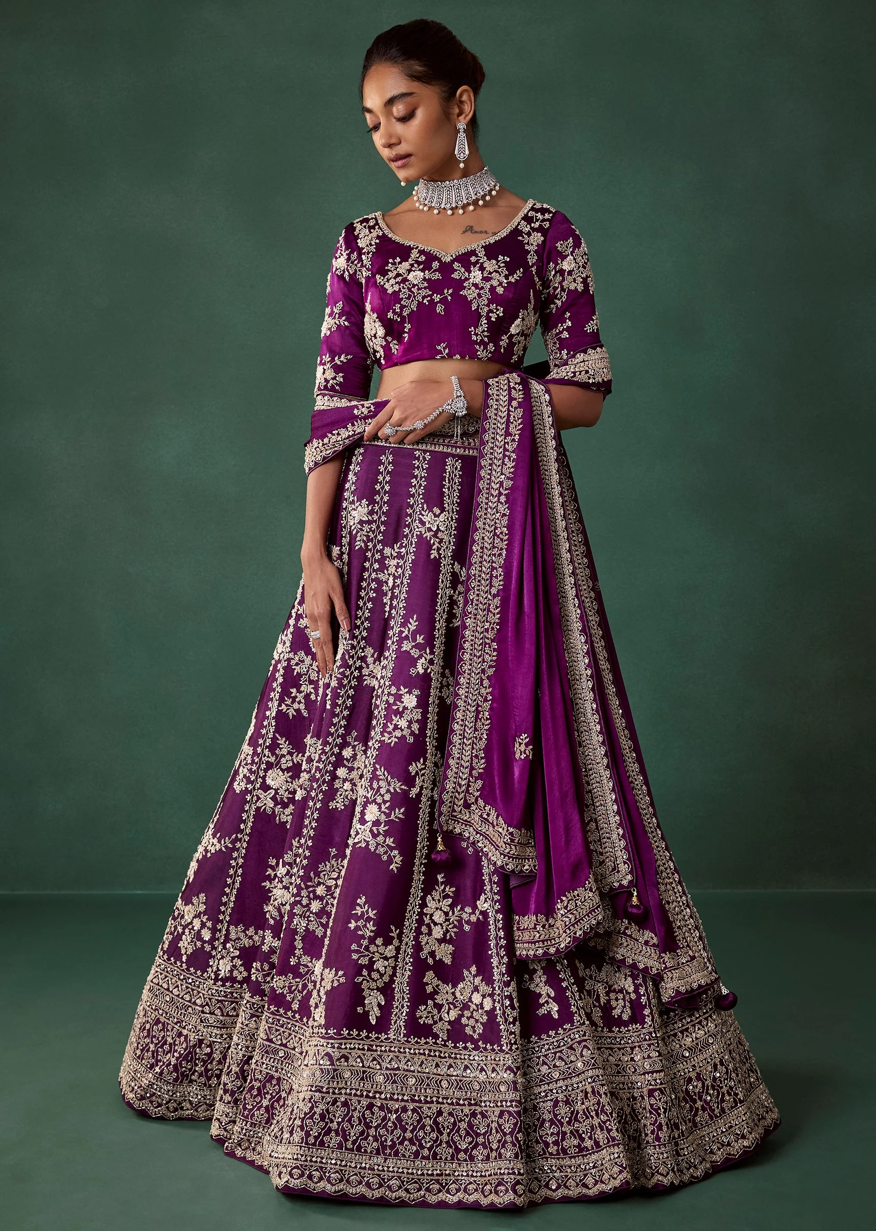 Wine Hand Embroidered Art Silk Bridal Lehenga Set - Image 4