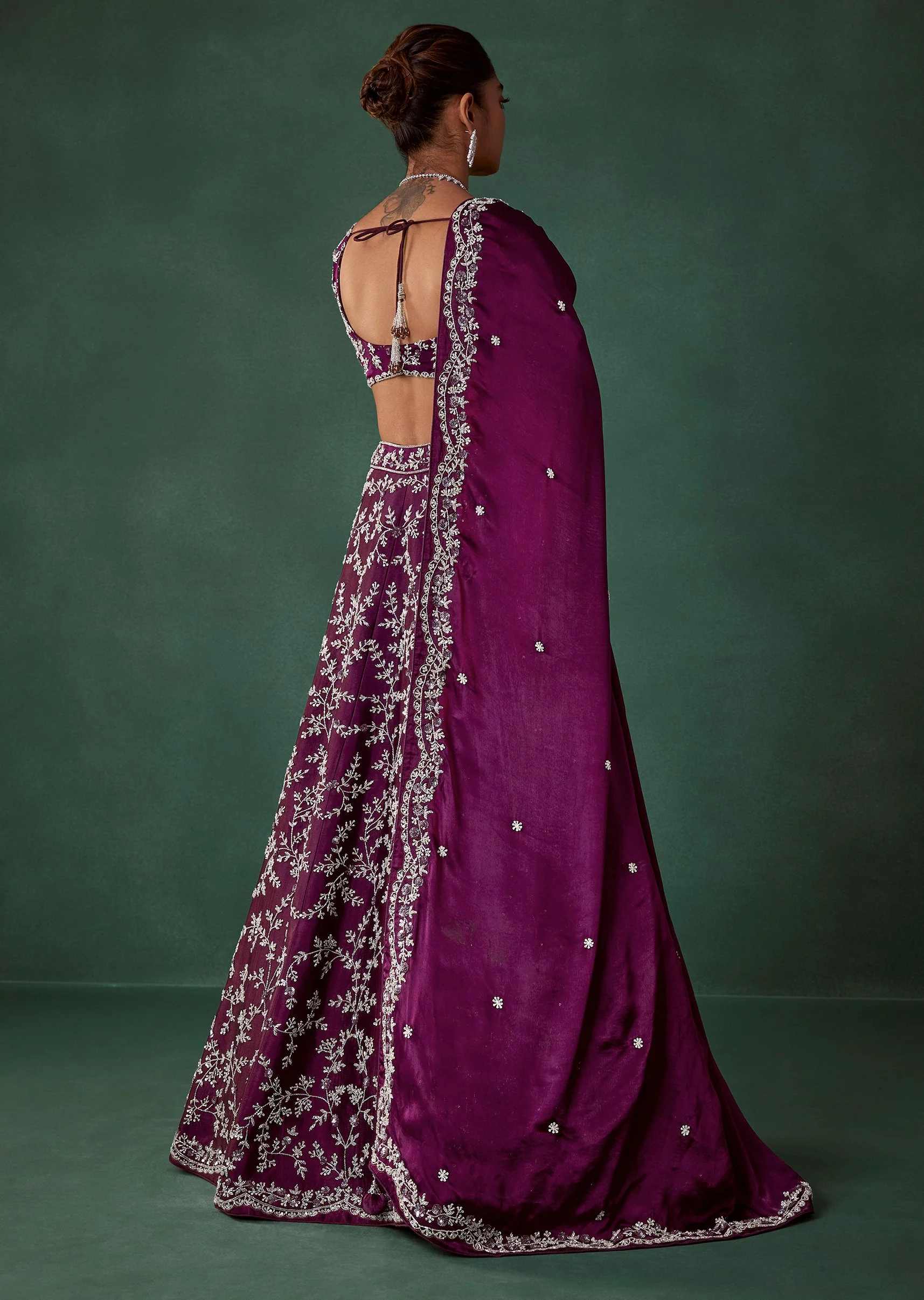 Wine Hand Embroidered Beaded Bridal Lehenga Set - Image 2