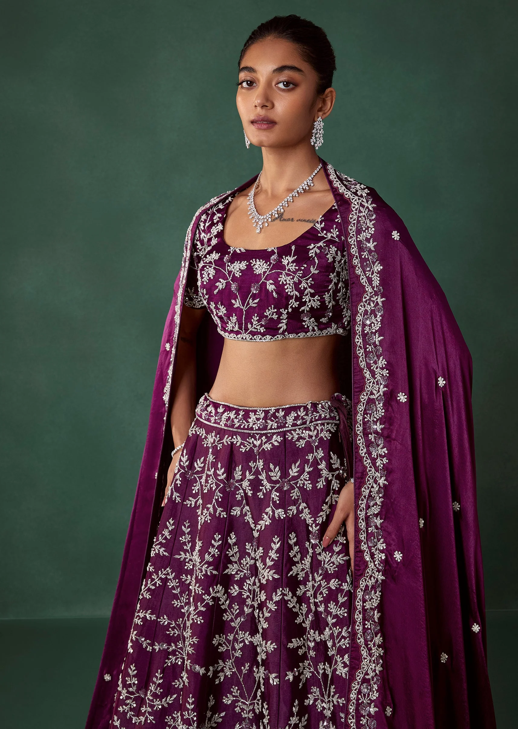 Wine Hand Embroidered Beaded Bridal Lehenga Set - Image 5