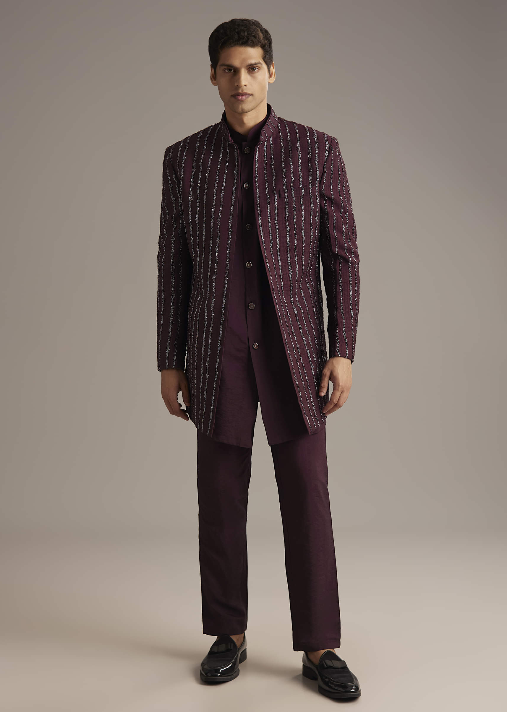 Wine Indo Western Set For Men With Cutdana Embroidery - Image 3