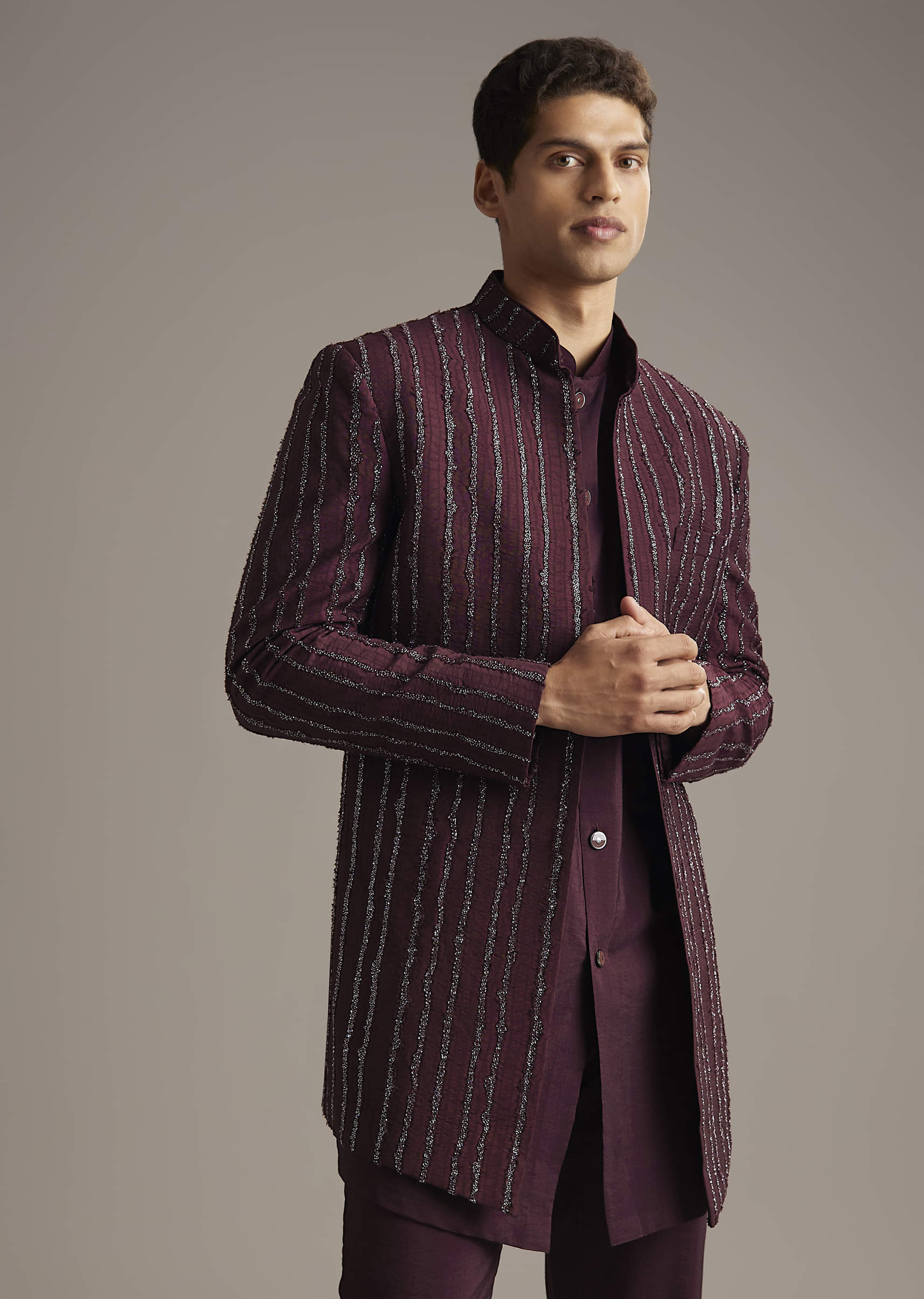 Wine Indo Western Set For Men With Cutdana Embroidery - Image 4