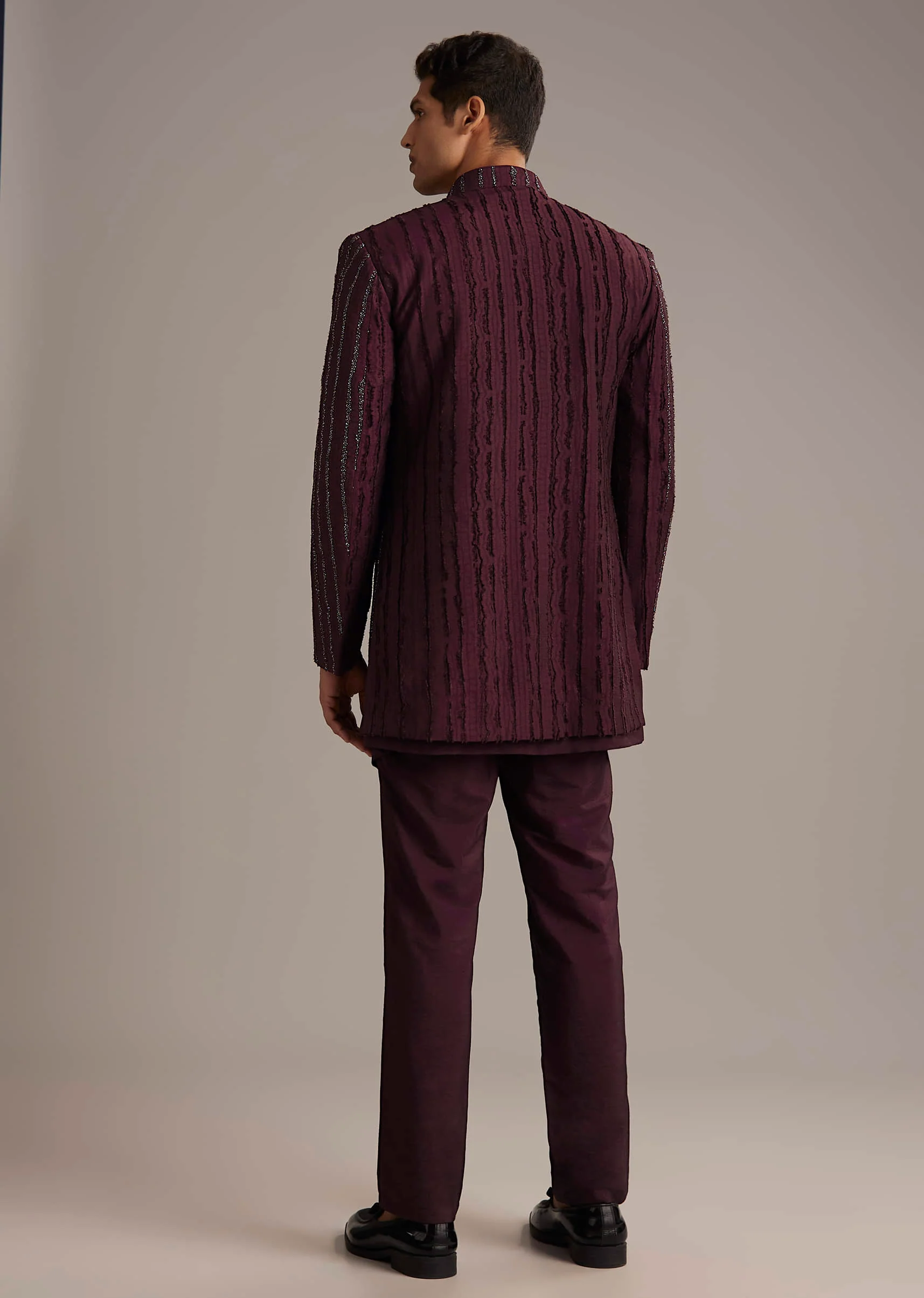 Wine Indo Western Set For Men With Cutdana Embroidery - Image 5