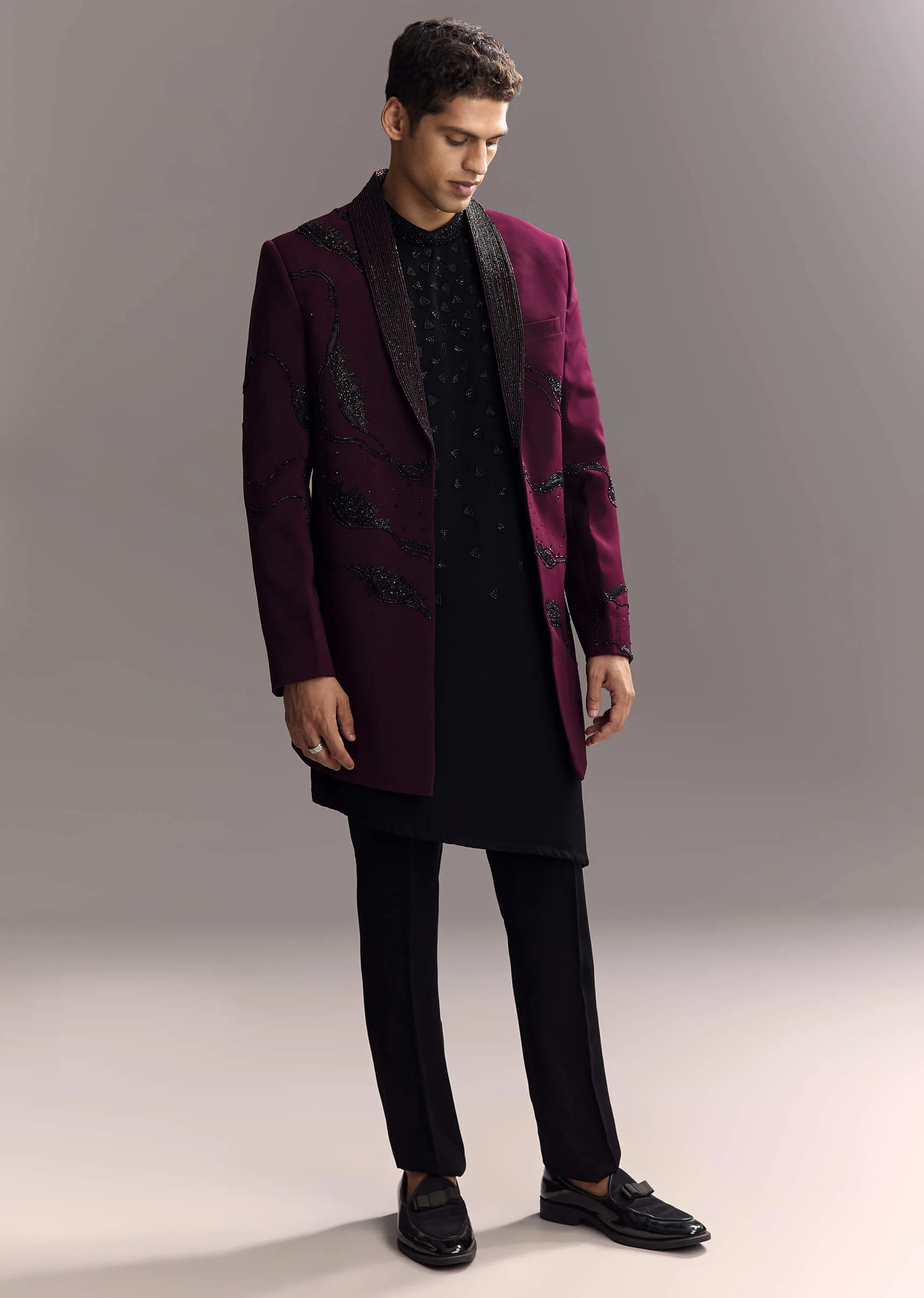 Wine Indo Western Set For Men With Heavy Hand Work - Image 3
