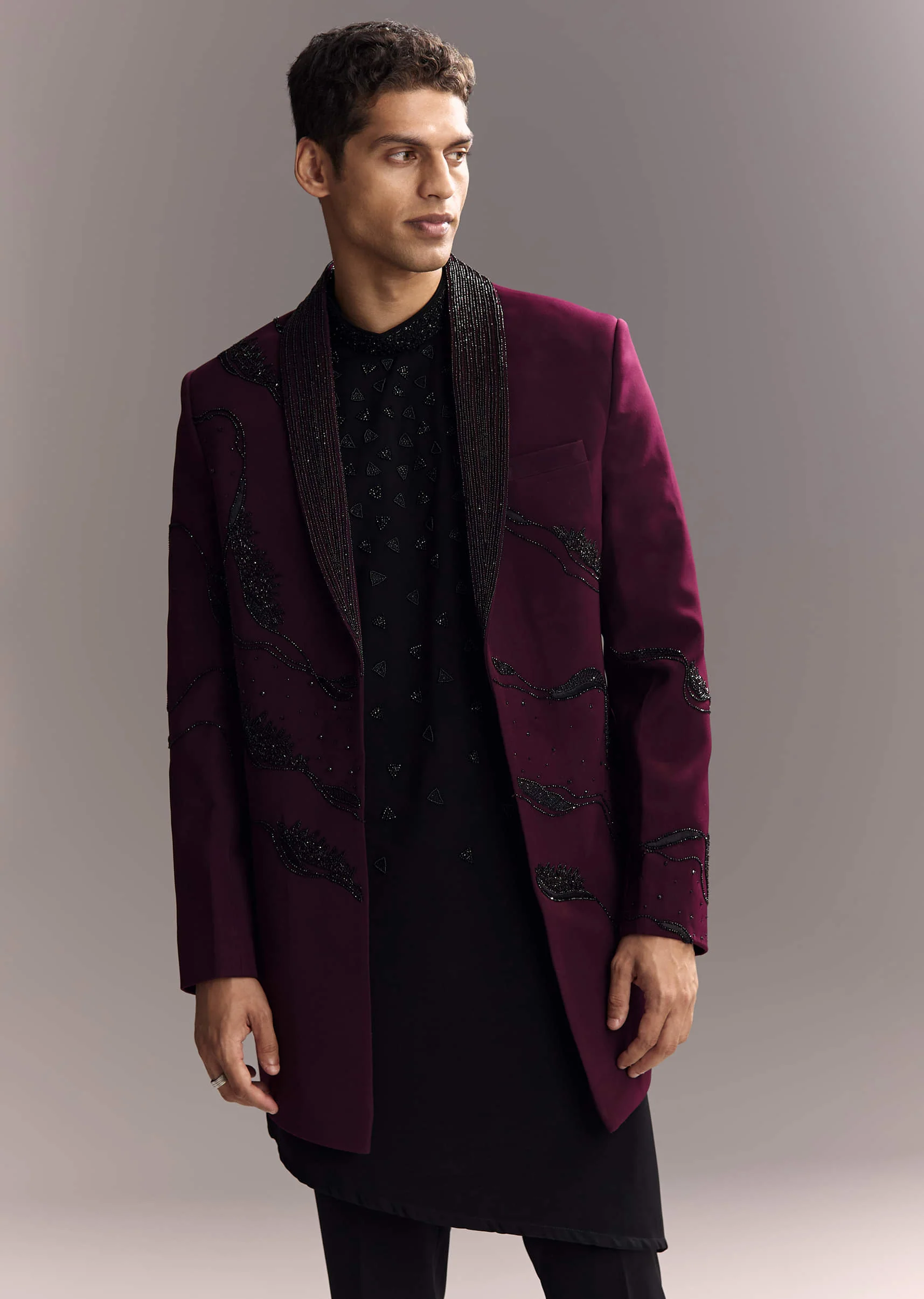 Wine Indo Western Set For Men With Heavy Hand Work - Image 4