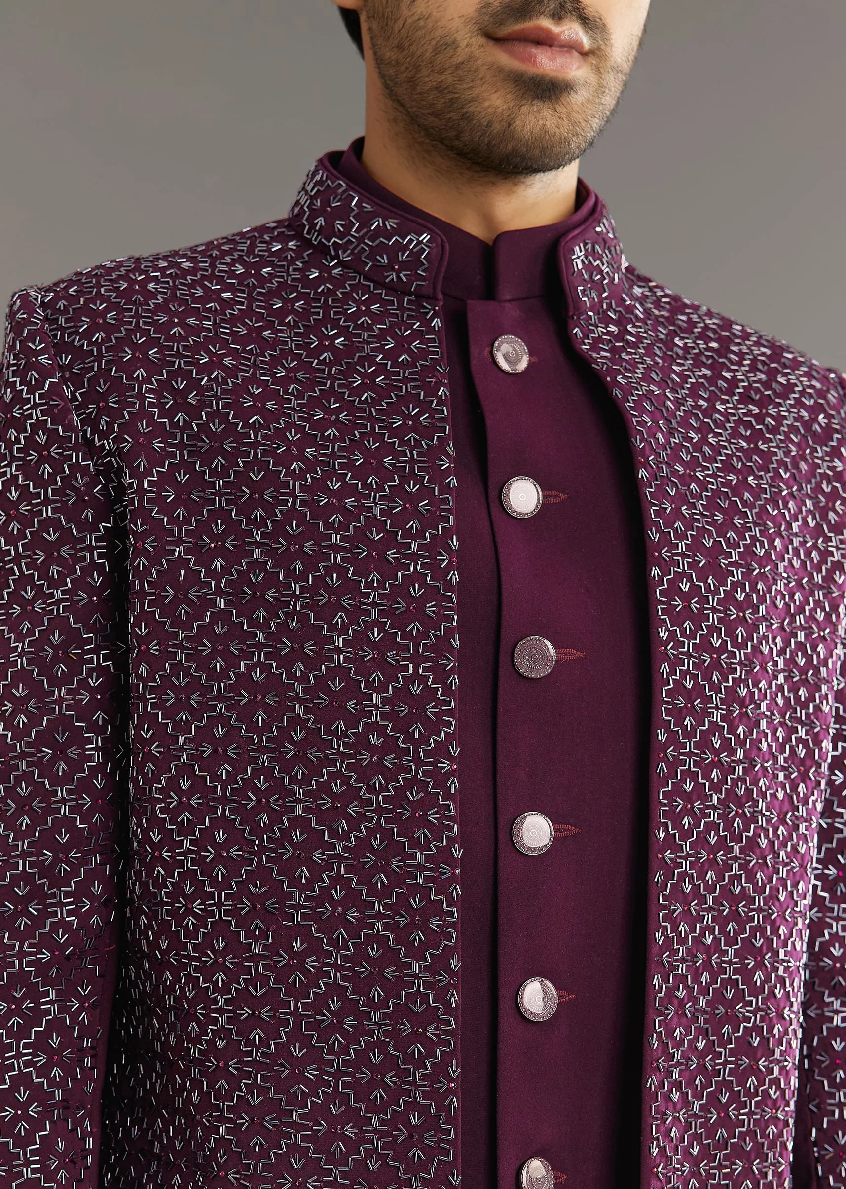 Wine Indo Western Set With Embellished Salli And Diamond Work