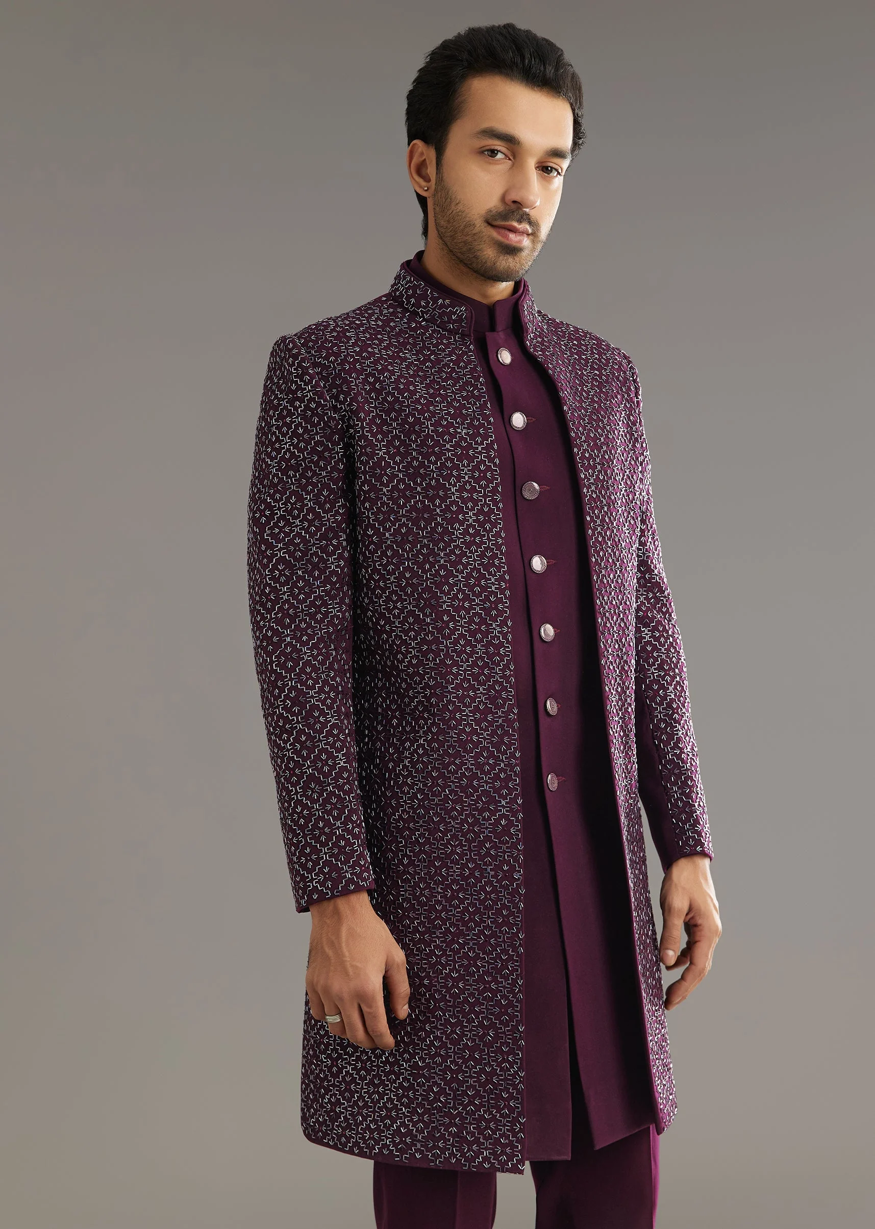 Wine Indo Western Set With Embellished Salli And Diamond Work - Image 3