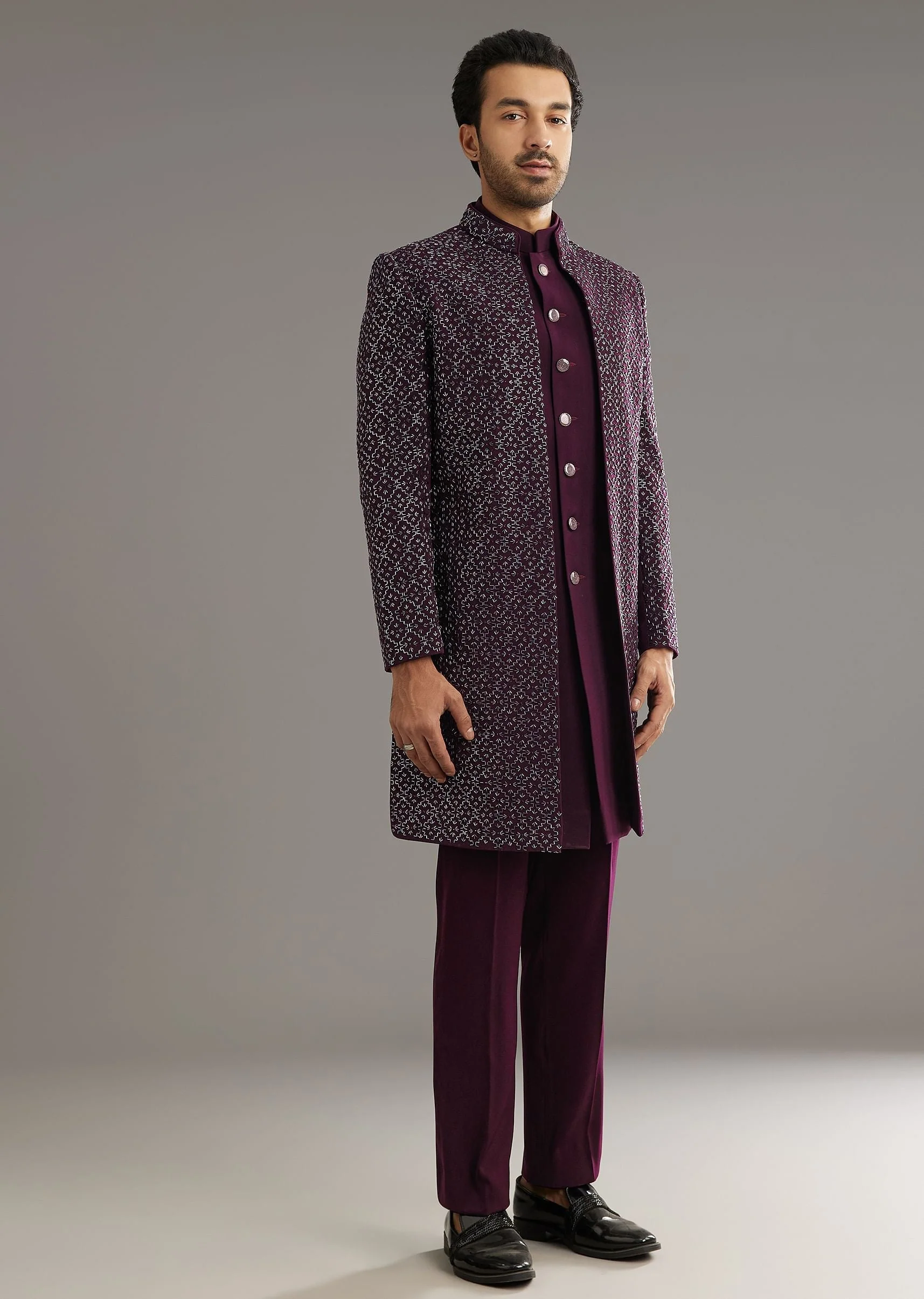 Wine Indo Western Set With Embellished Salli And Diamond Work - Image 4