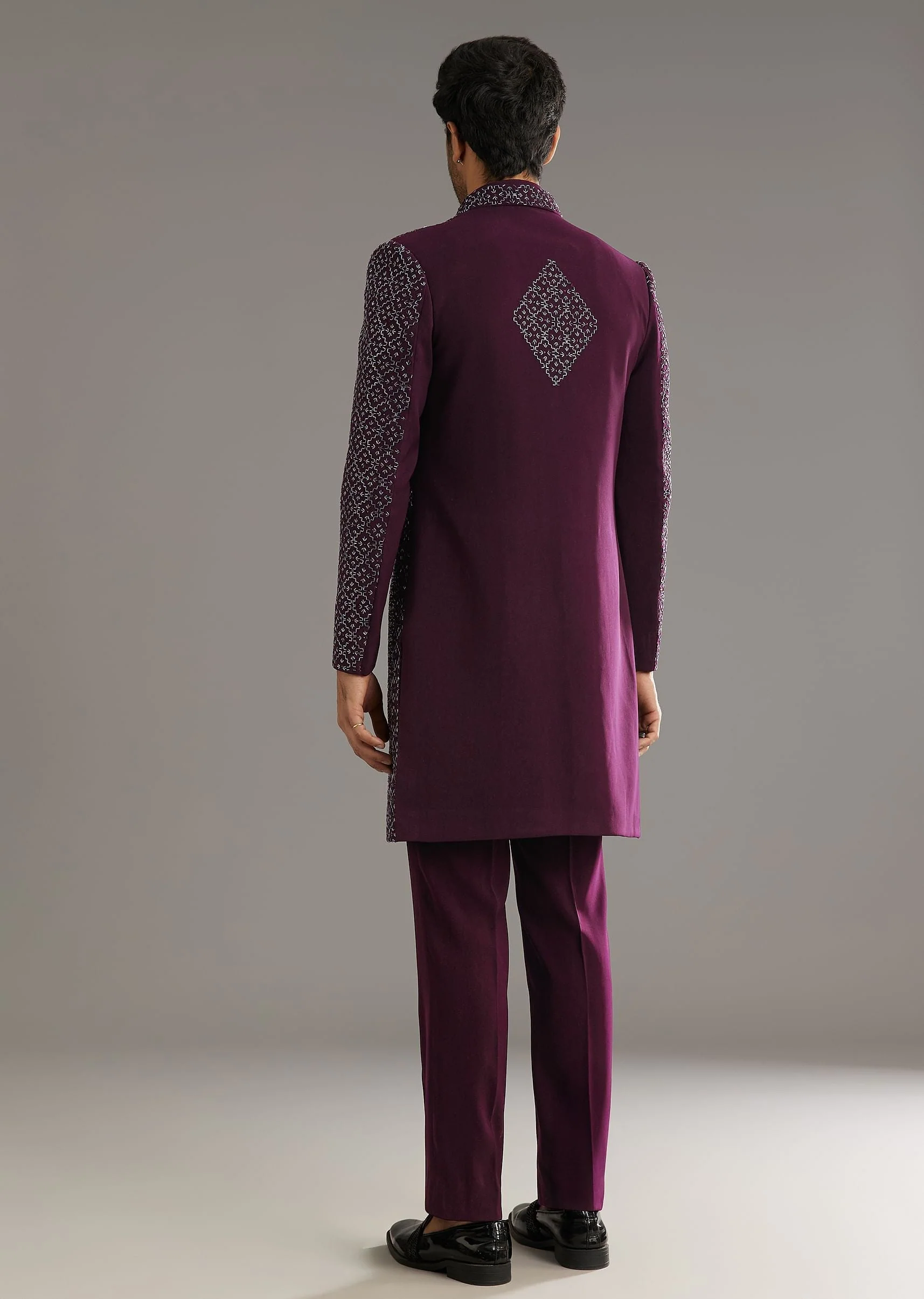 Wine Indo Western Set With Embellished Salli And Diamond Work - Image 5