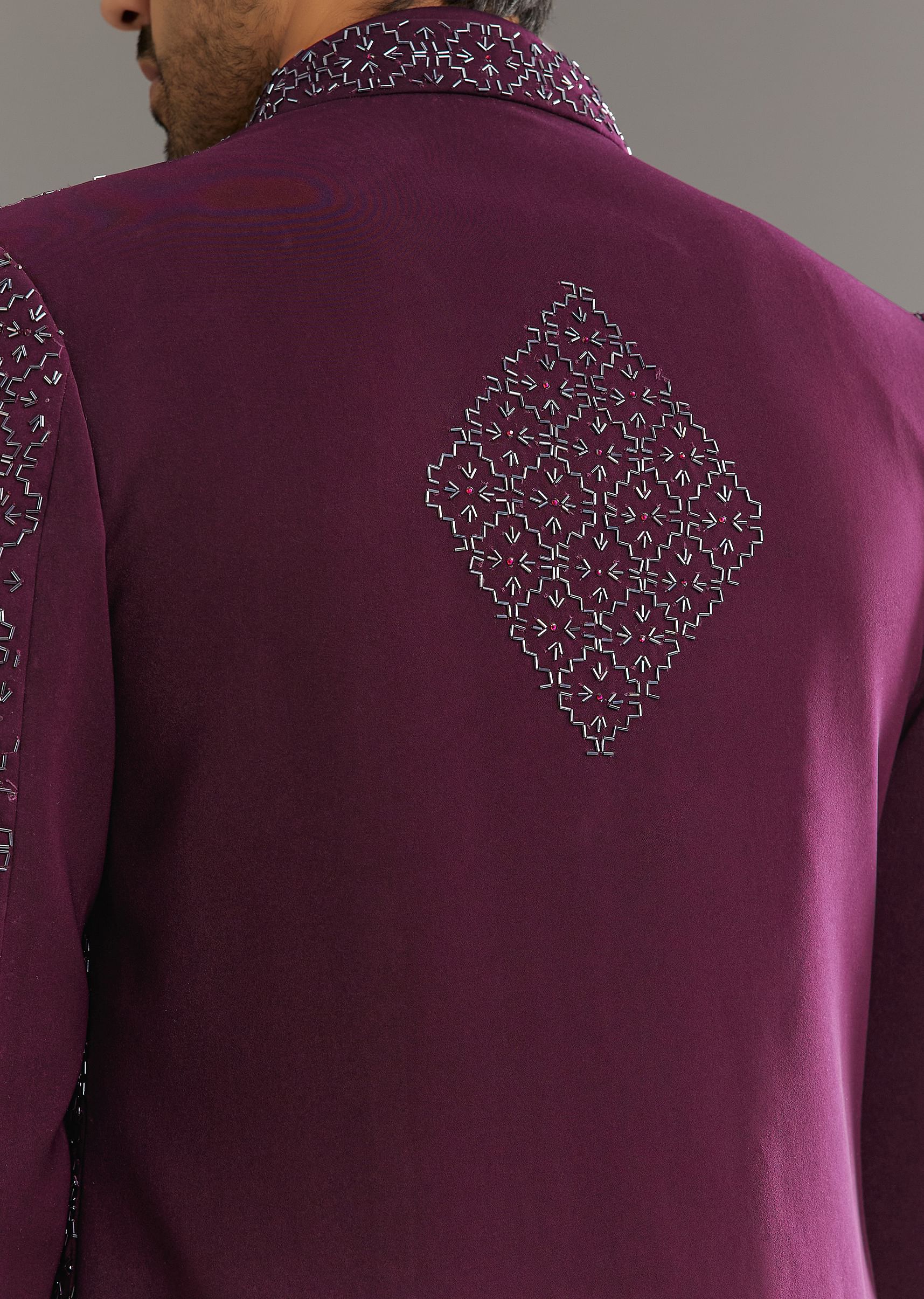 Wine Indo Western Set With Embellished Salli And Diamond Work - Image 6