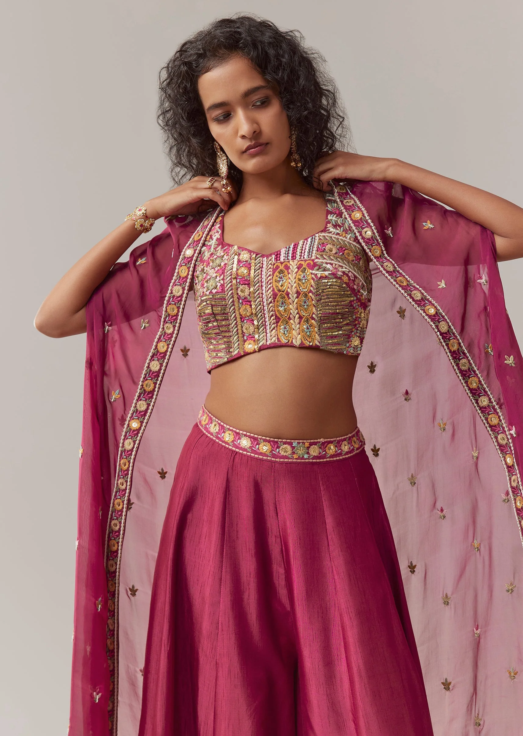 Wine Indowestern Silk Crop Top and Palazzo Set - Image 4