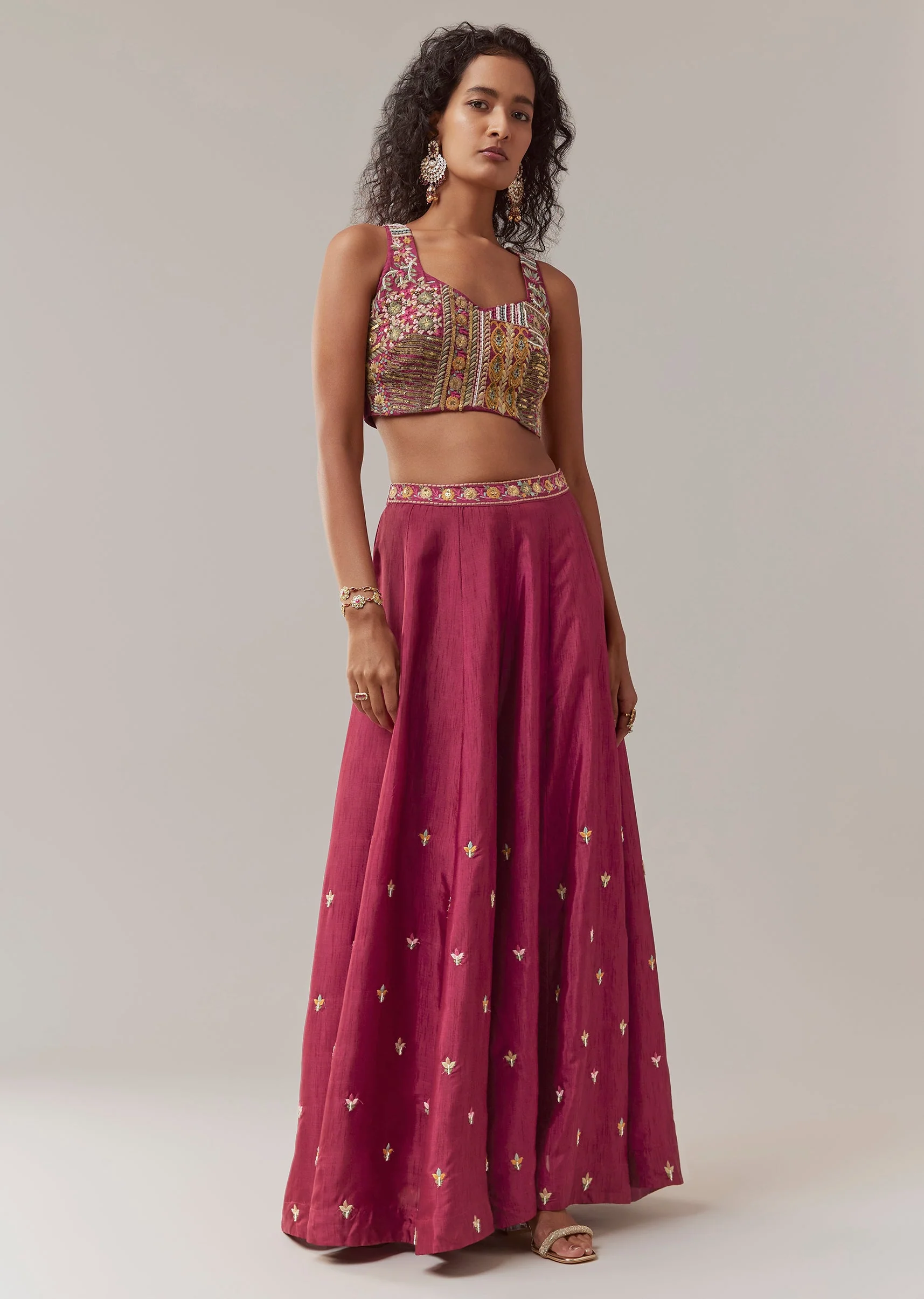 Wine Indowestern Silk Crop Top and Palazzo Set - Image 6