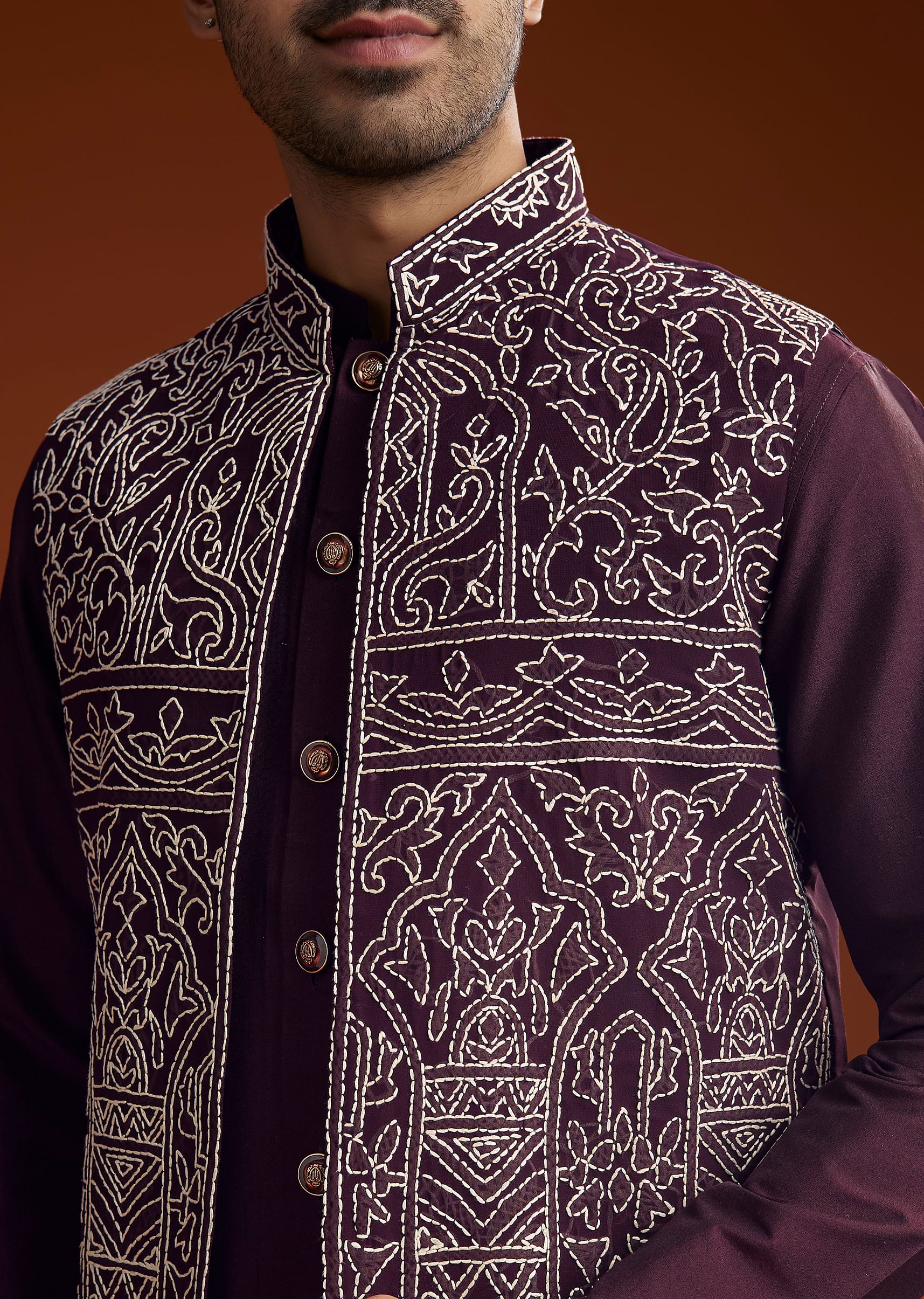 Wine Jacket Kurta Set With Thread Resham Embroidery - Image 2