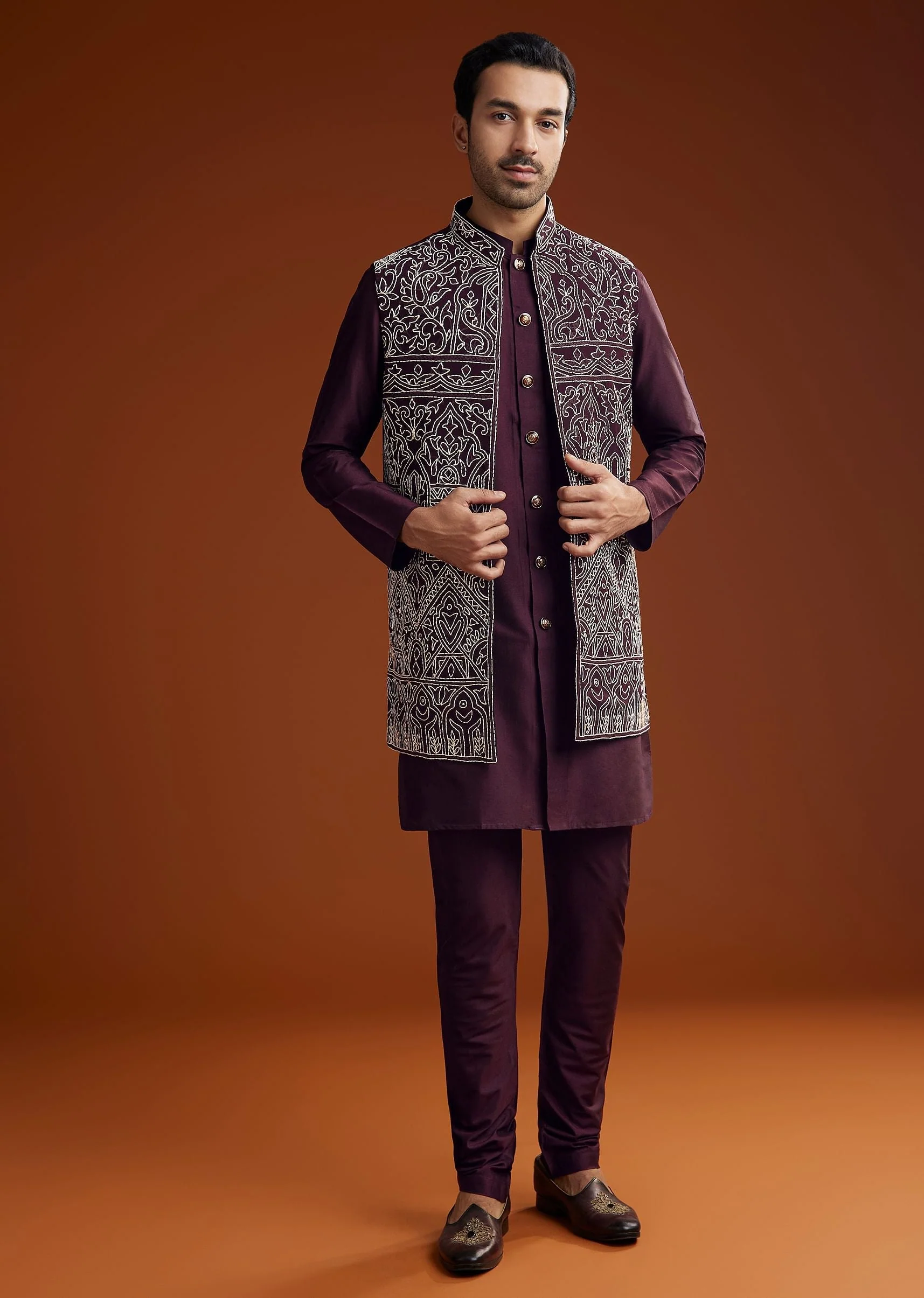 Wine Jacket Kurta Set With Thread Resham Embroidery - Image 3