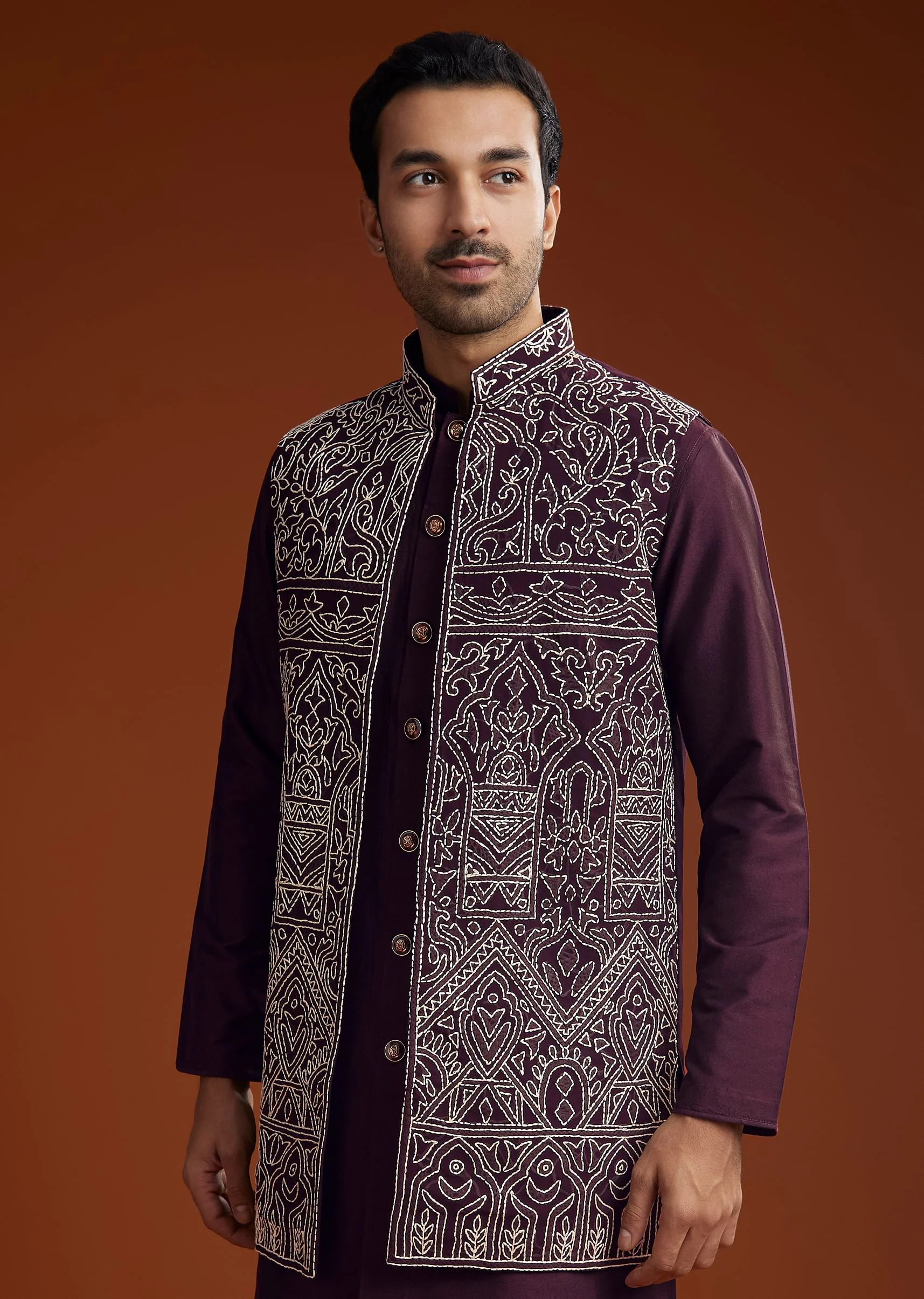 Wine Jacket Kurta Set With Thread Resham Embroidery - Image 4