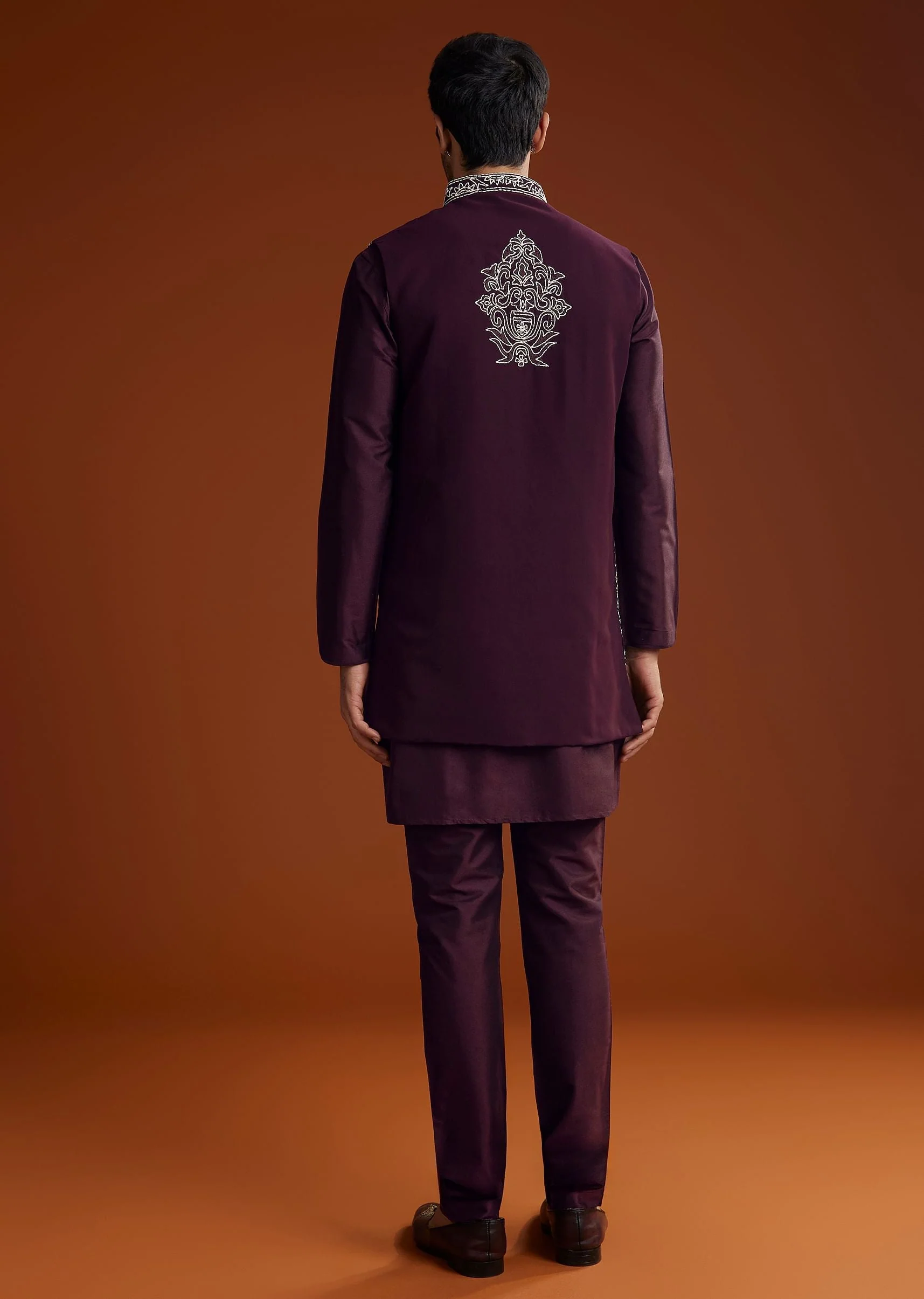 Wine Jacket Kurta Set With Thread Resham Embroidery - Image 5
