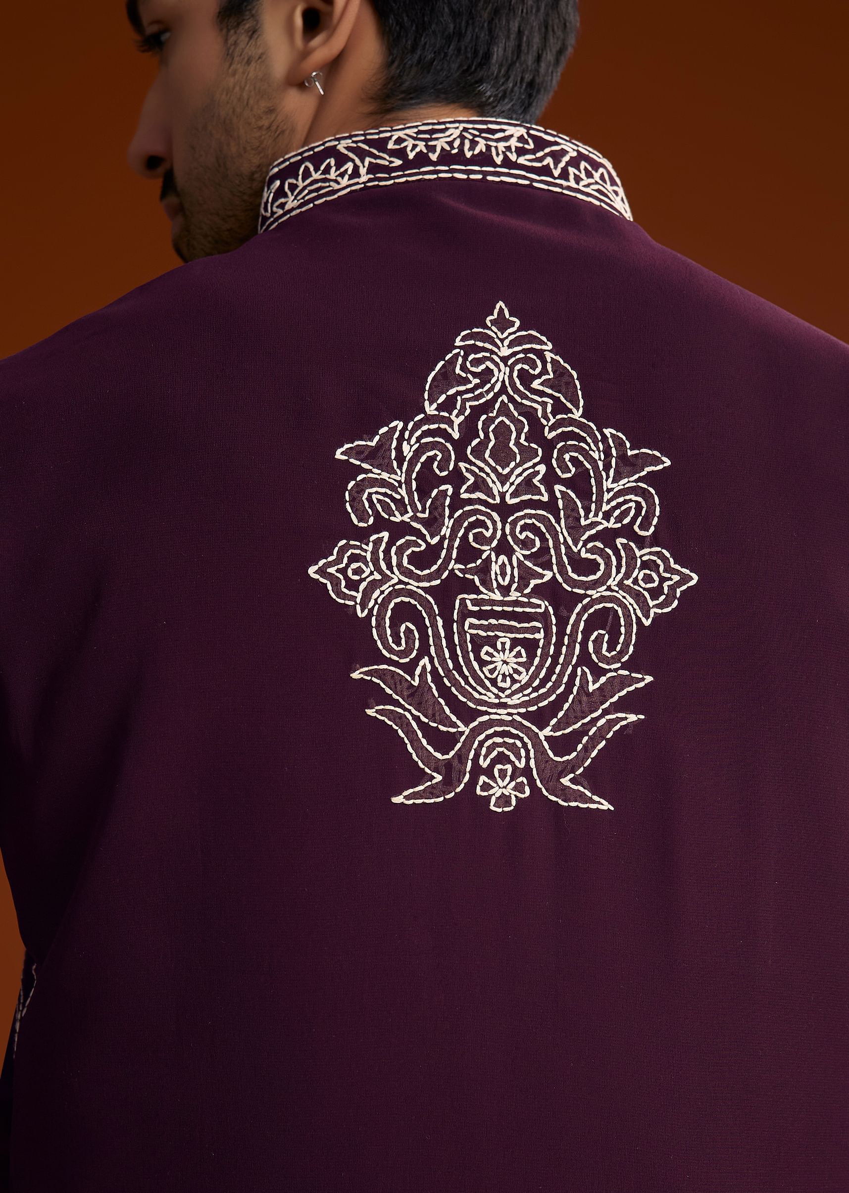 Wine Jacket Kurta Set With Thread Resham Embroidery - Image 6