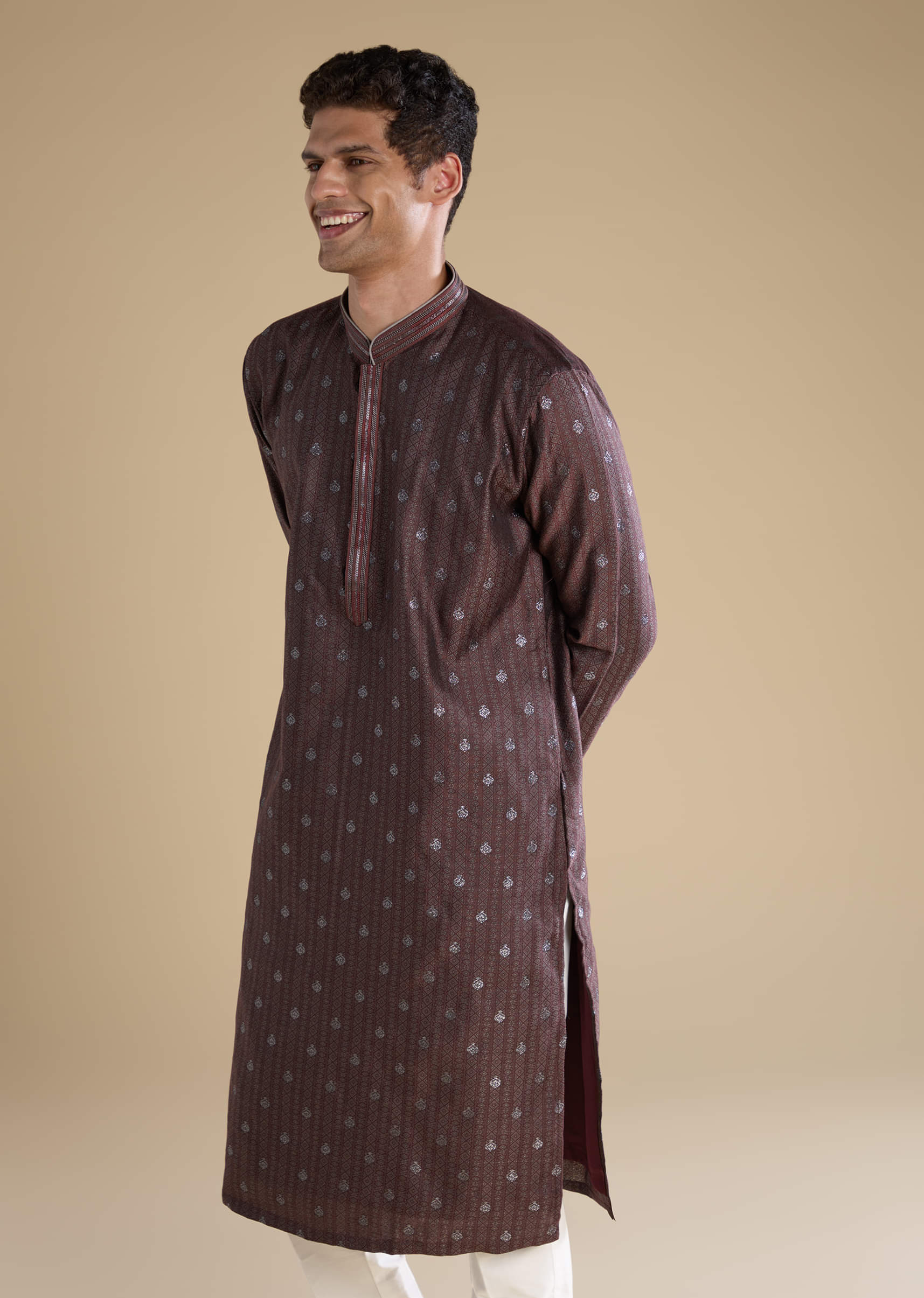Wine Jacquard Self Work Mens Kurta and Pant Set - Image 4
