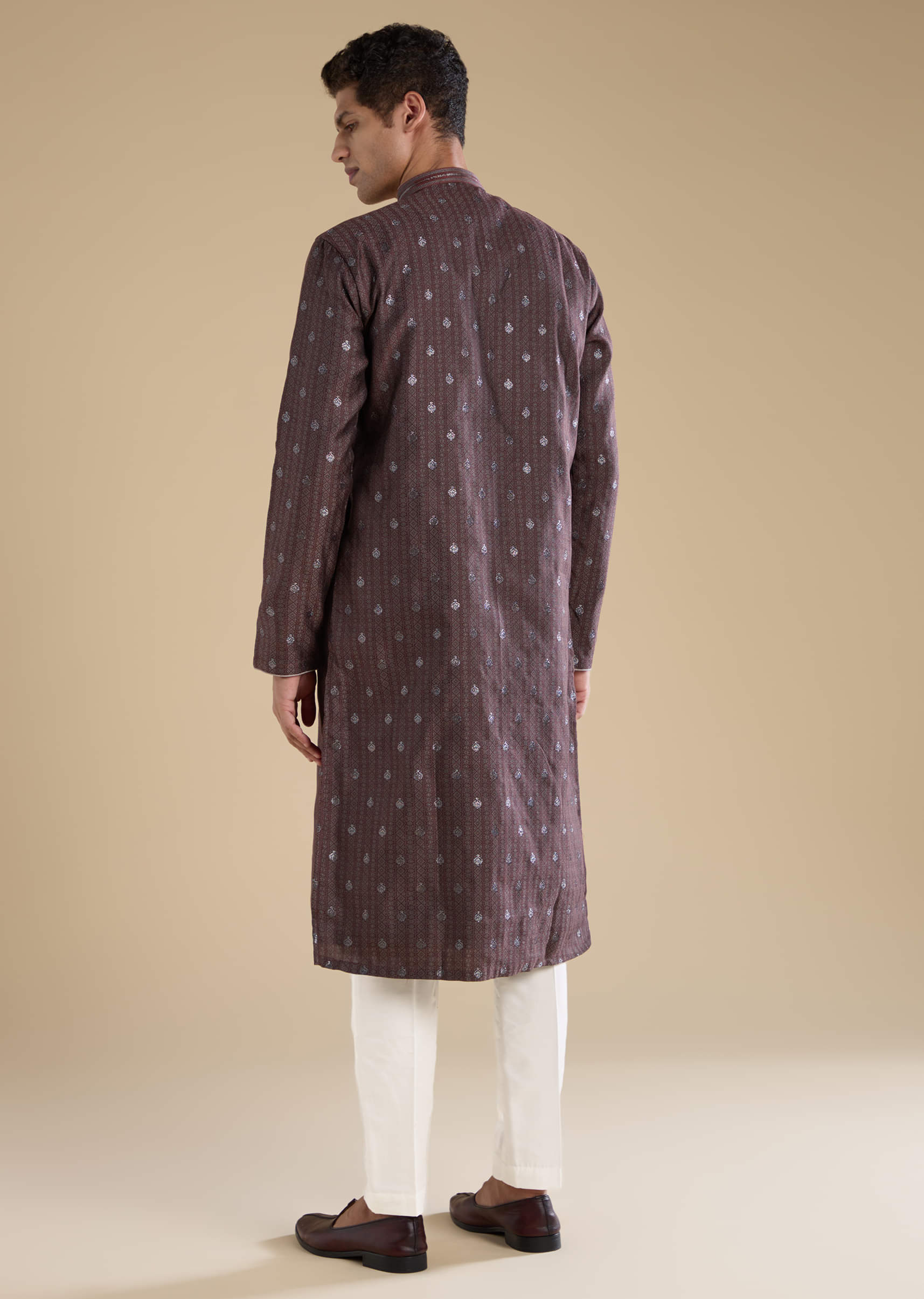 Wine Jacquard Self Work Mens Kurta and Pant Set - Image 5